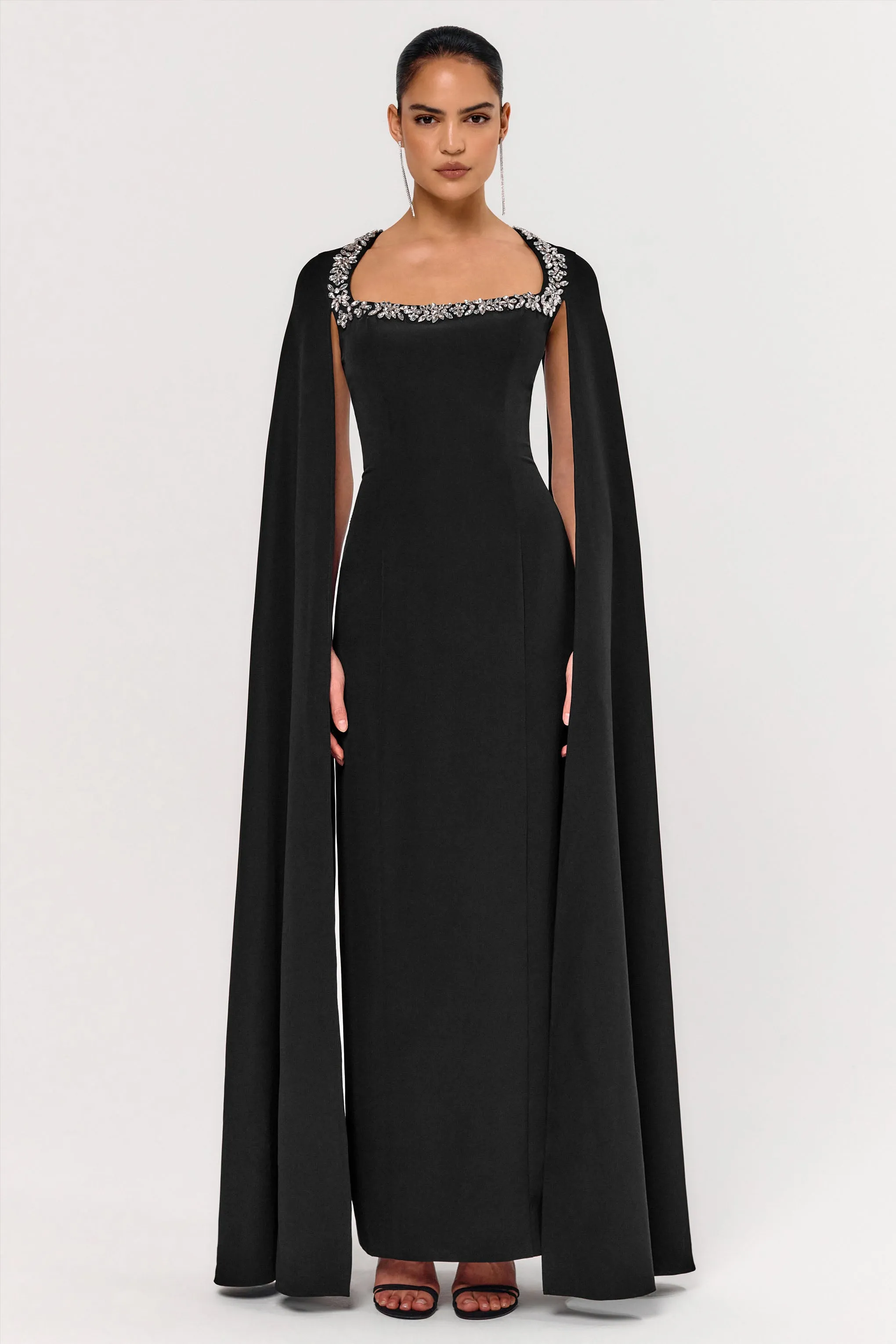 Glossy | Black Woven Square-Neck Maxi Dress With Cape Sleeves and Embellished Detail sold by Club L London