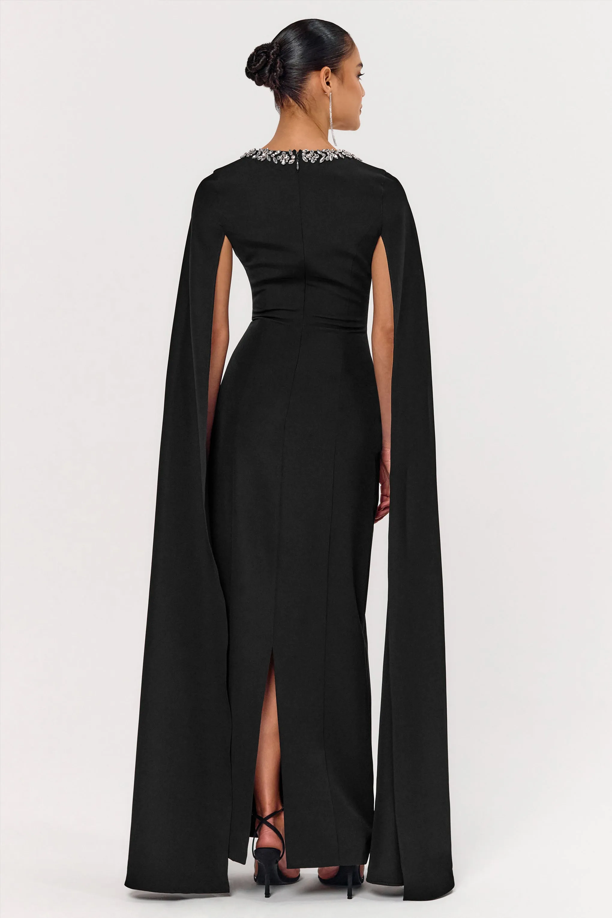 Glossy | Black Woven Square-Neck Maxi Dress With Cape Sleeves and Embellished Detail sold by Club L London product image thumbnail 2