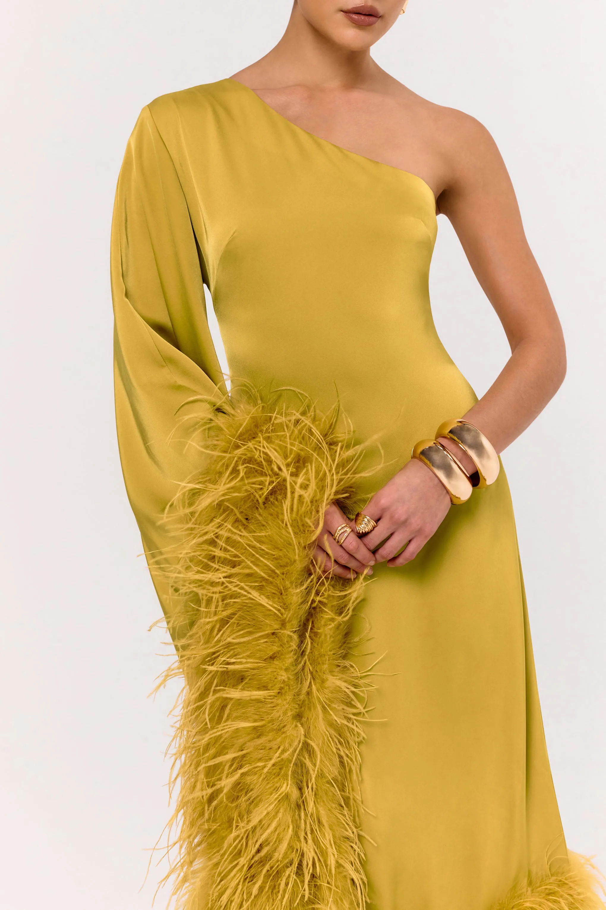 Destiny | Yellow Satin Asymmetric-Neck Midi Dress With Feather Details sold by Club L London product image thumbnail 5