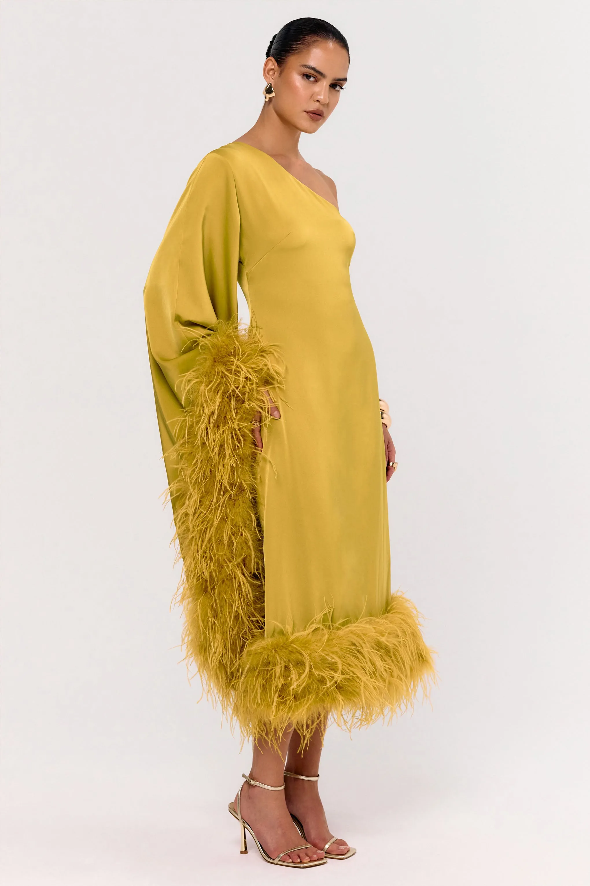 Destiny | Yellow Satin Asymmetric-Neck Midi Dress With Feather Details sold by Club L London product image thumbnail 3
