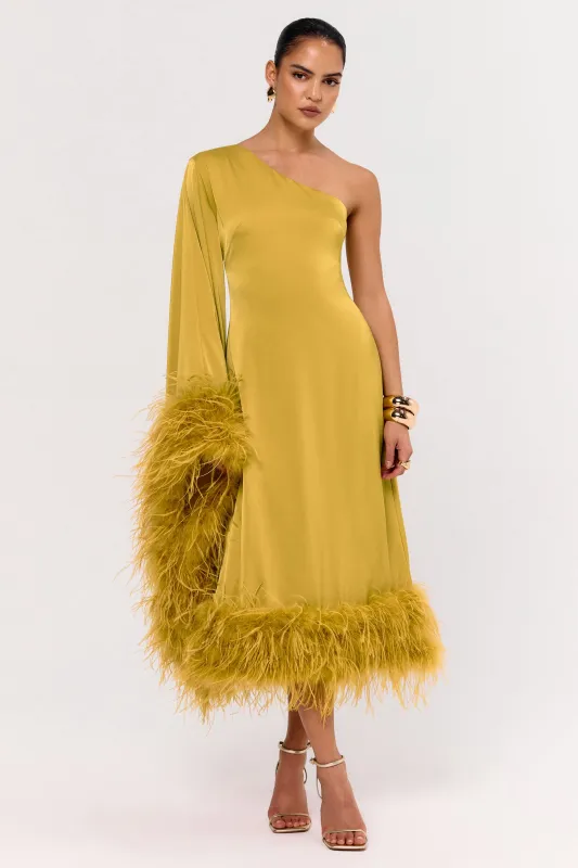 Destiny | Yellow Satin Asymmetric-Neck Midi Dress With Feather Details sold by Club L London