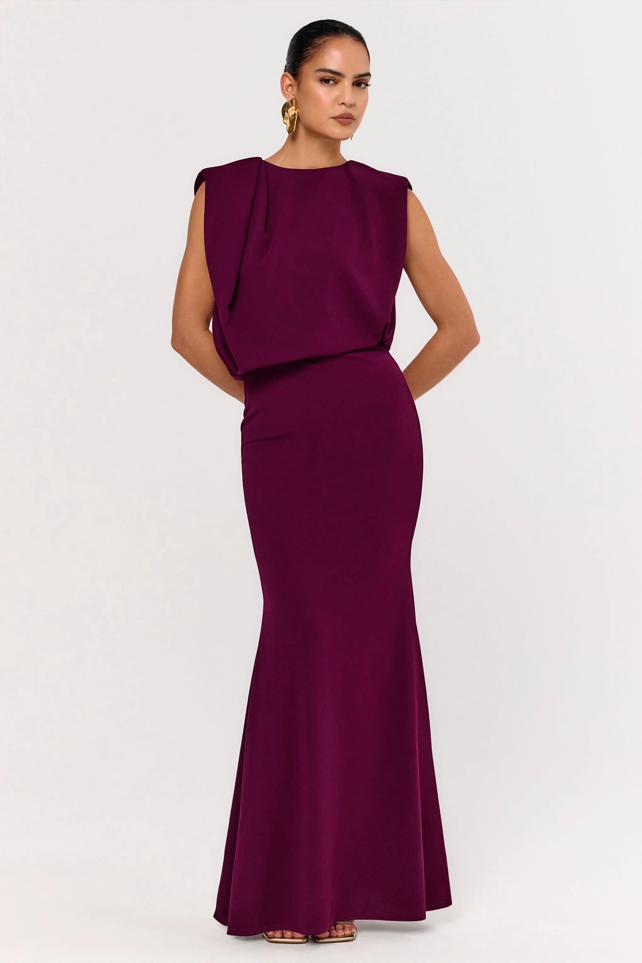 Meave | Burgundy High Neck Maxi Dress With Draping Detail sold by Club L London