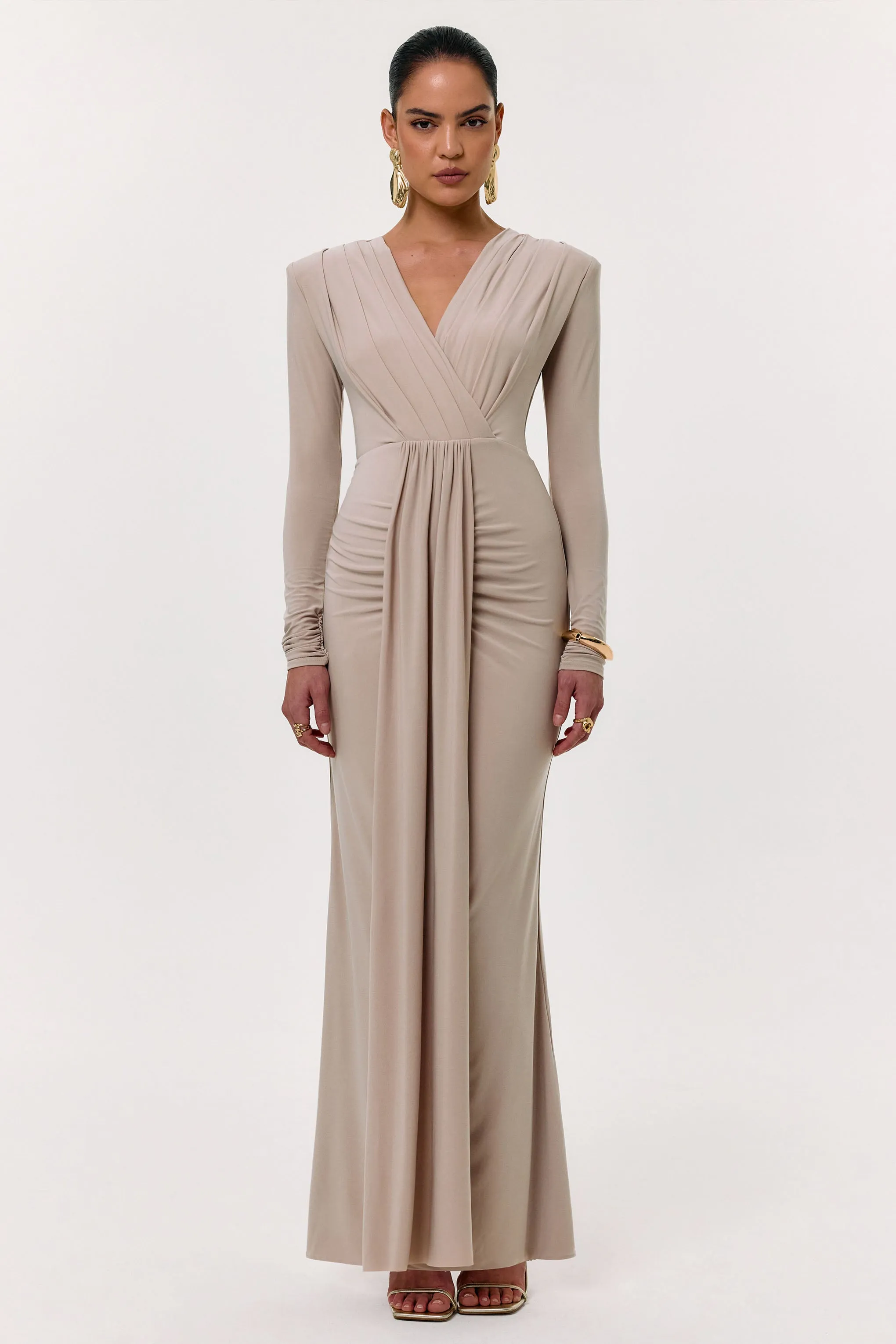 Flashy | Champagne Plunge-Neck Maxi Dress With Ruched Detailing sold by Club L London product image thumbnail 3