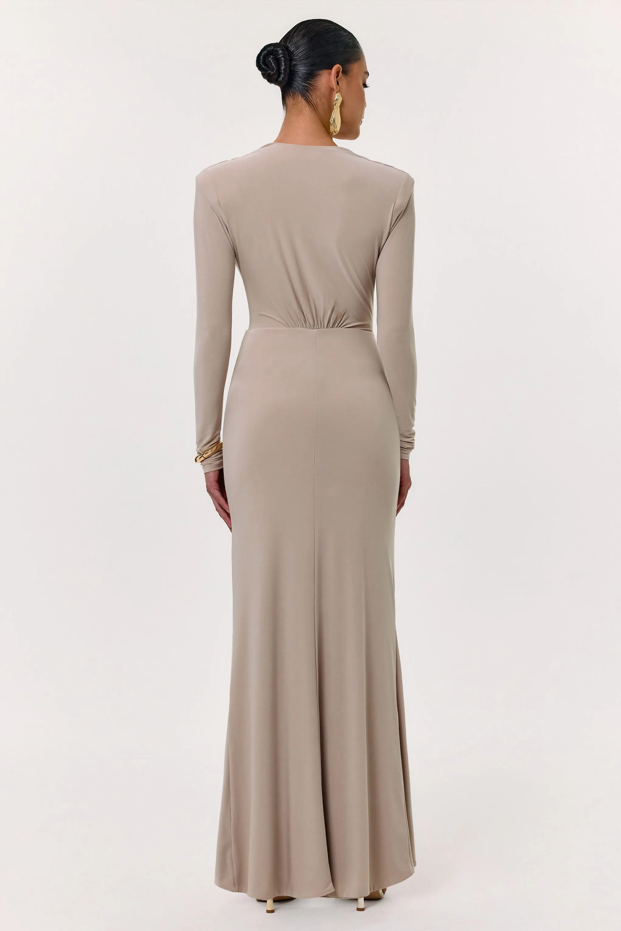 Flashy | Champagne Plunge-Neck Maxi Dress With Ruched Detailing sold by Club L London product image thumbnail 2