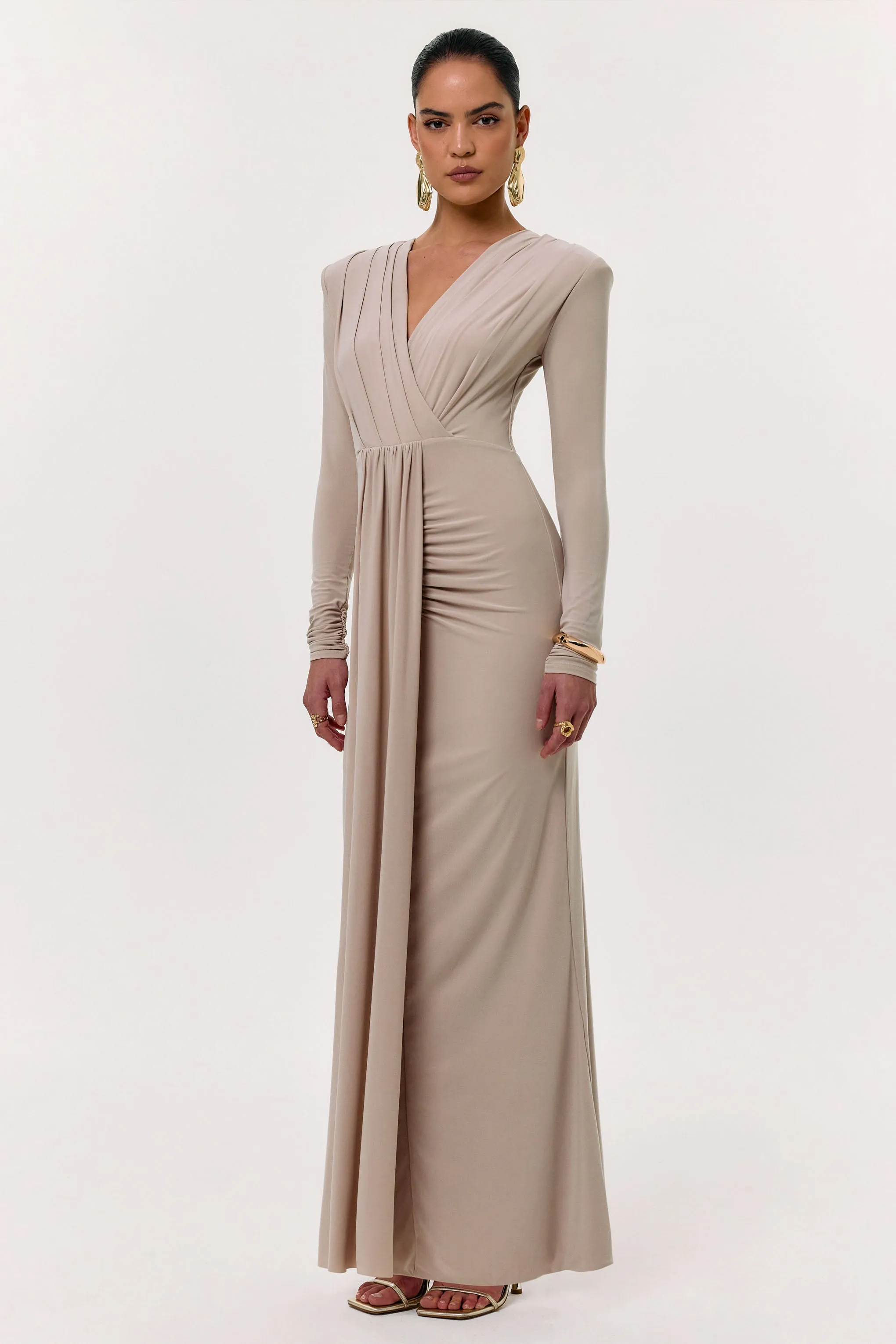 Flashy | Champagne Plunge-Neck Maxi Dress With Ruched Detailing sold by Club L London product image thumbnail 4