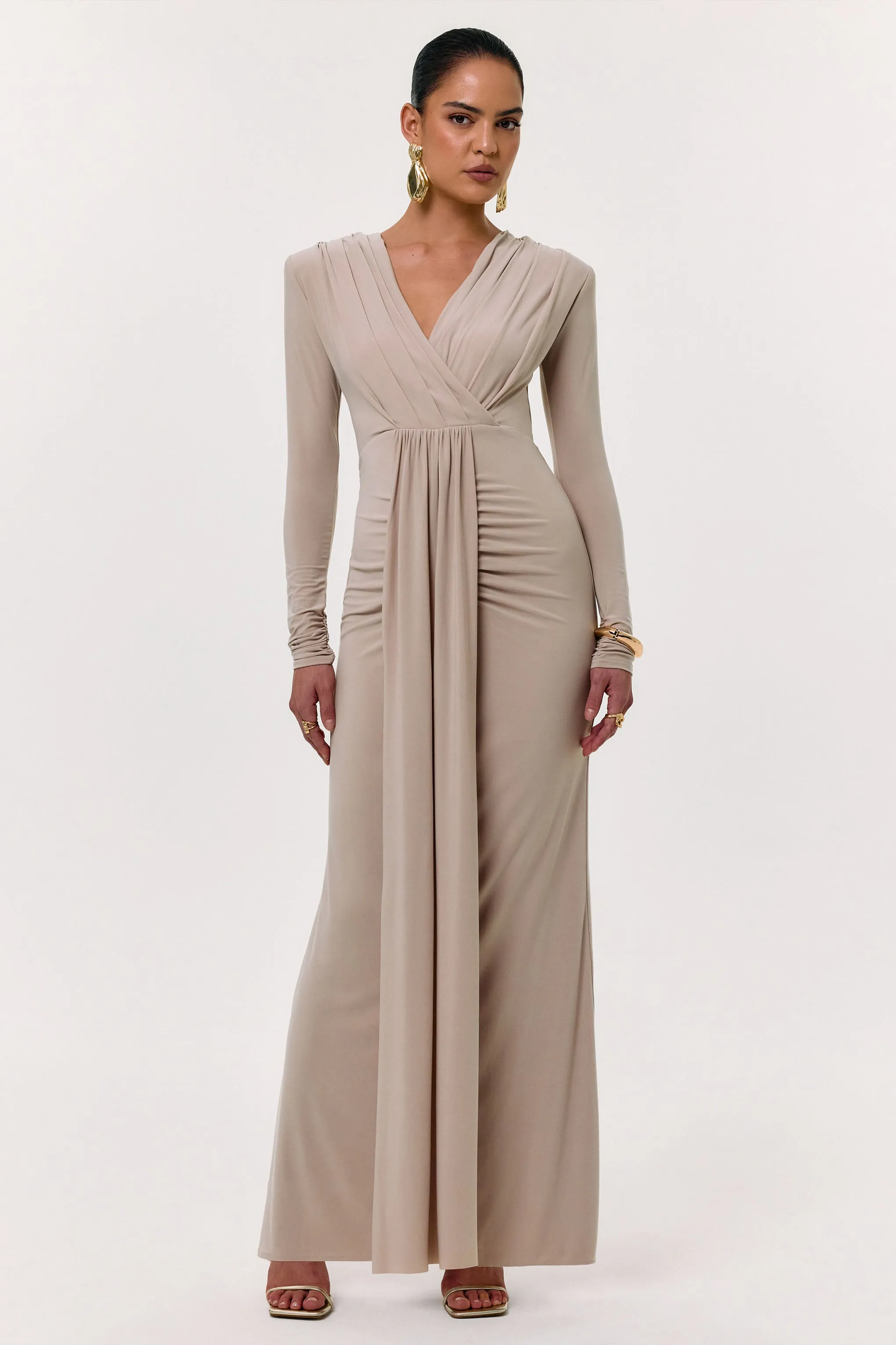 Flashy | Champagne Plunge-Neck Maxi Dress With Ruched Detailing sold by Club L London
