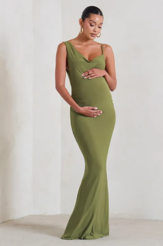Phantasy | Olive Green Maternity Cowl Neck Maxi Dress sold by Club L London