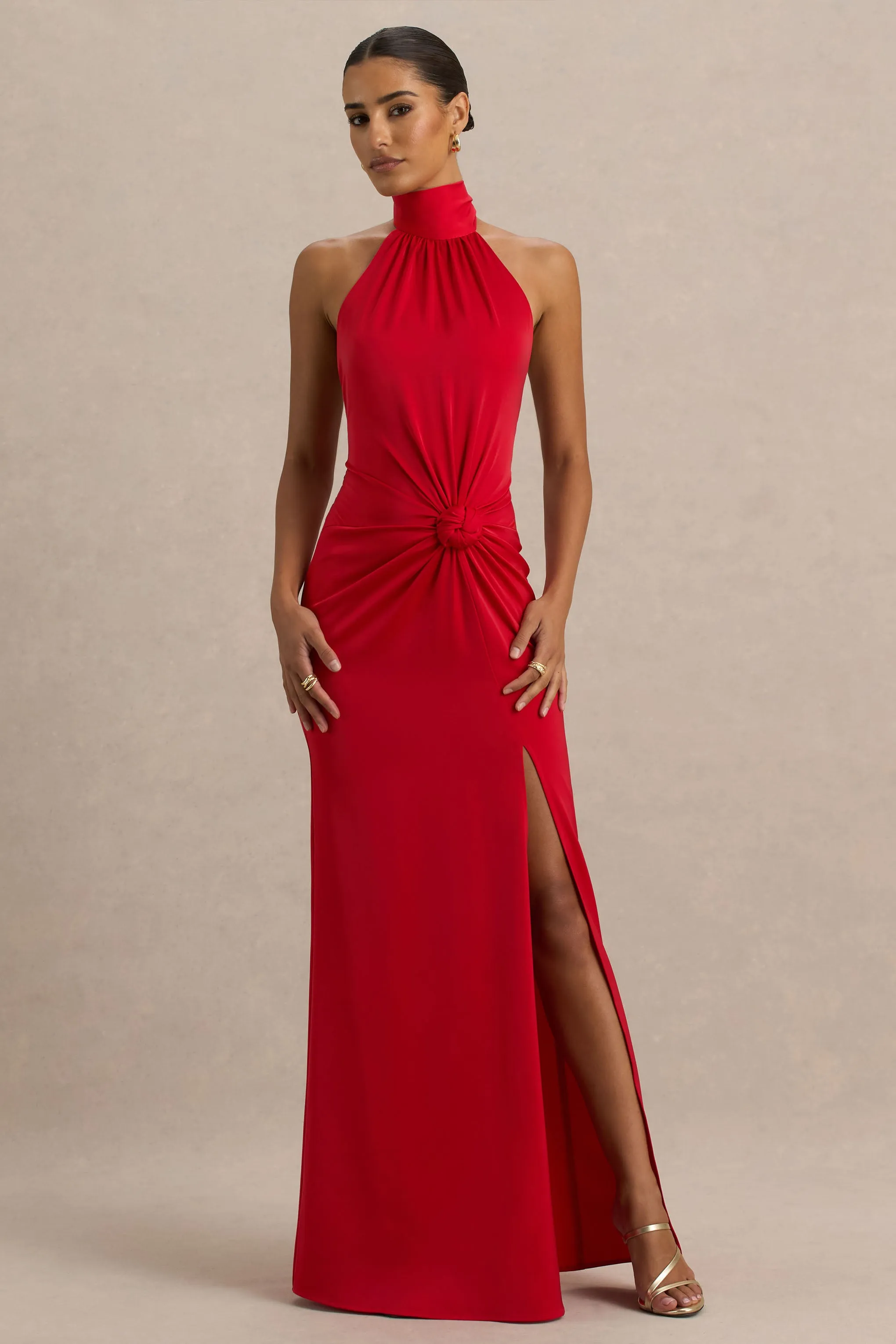 Lenora | Red Halter-Neck Maxi Dress with Ruched Detailing and Split sold by Club L London product image thumbnail 3