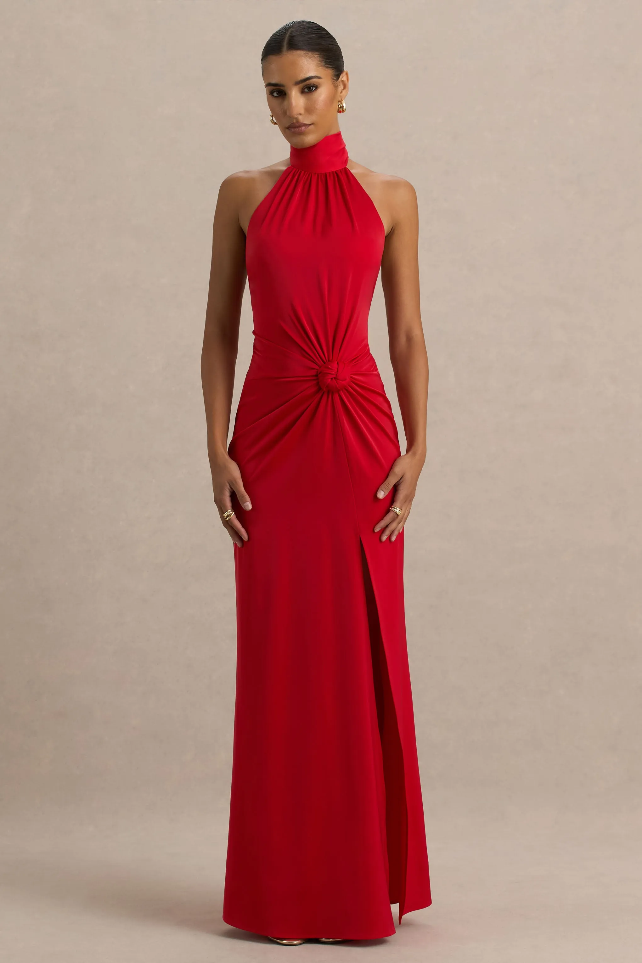 Lenora | Red Halter-Neck Maxi Dress with Ruched Detailing and Split sold by Club L London