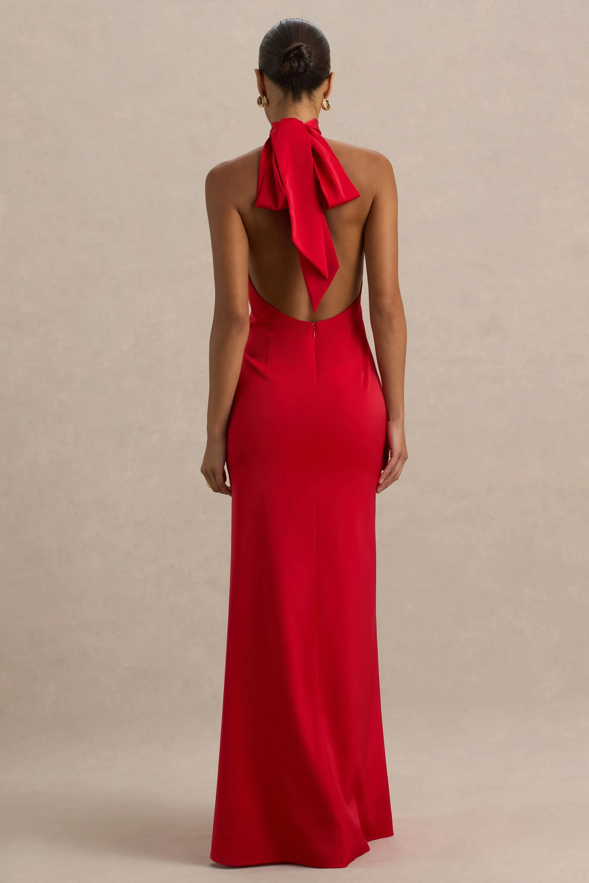 Lenora | Red Halter-Neck Maxi Dress with Ruched Detailing and Split sold by Club L London product image thumbnail 2