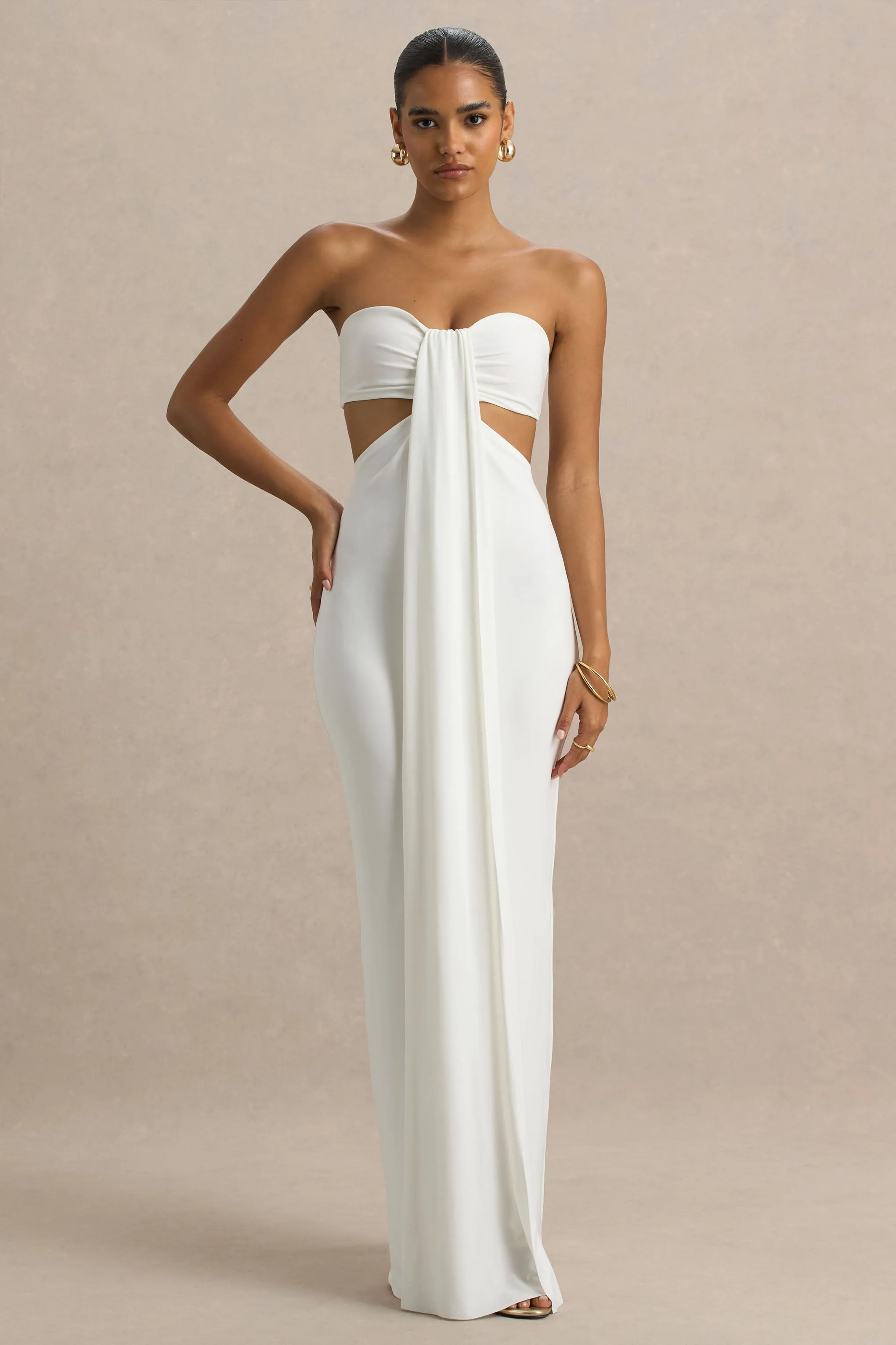 Elixir | Cream Sweetheart-Neck Maxi Dress with Cut-Out Details sold by Club L London