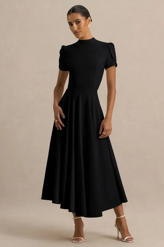 Vicky | Black High Neck Midi Dress With Puff Sleeves sold by Club L London