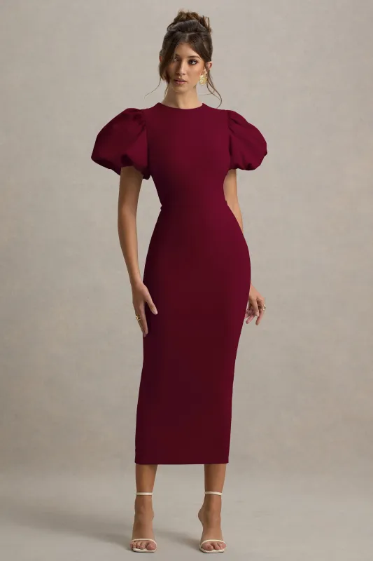 Dakota | Burgundy Puff-Sleeve Midi Dress sold by Club L London