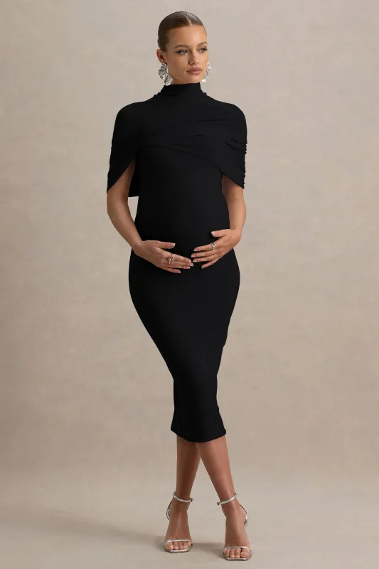 Augustina | Black Maternity Midi Dress With Cape sold by Club L London