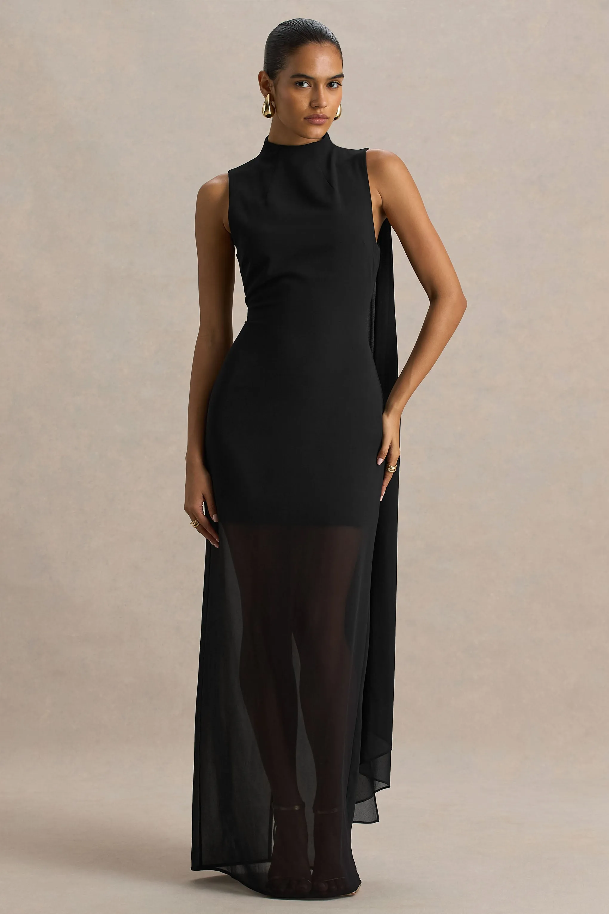 Unpredictable | Black High-Neck Maxi Dress With Back Cape Detail sold by Club L London product image thumbnail 4