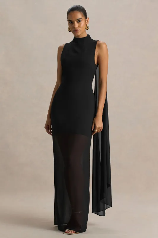 Unpredictable | Black High-Neck Maxi Dress With Back Cape Detail sold by Club L London