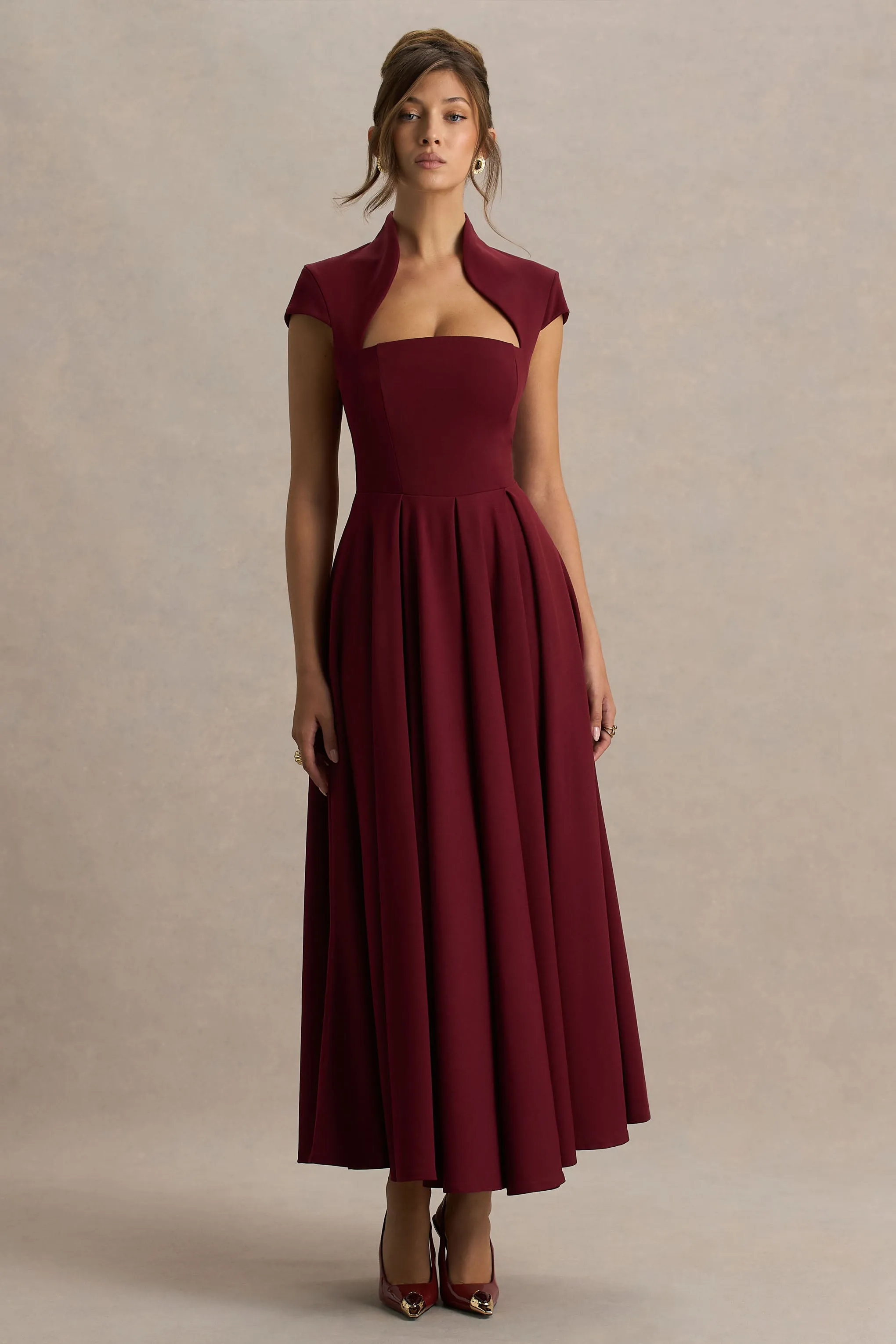 Scarlett | Burgundy Asymmetric-Neck Maxi Dress sold by Club L London