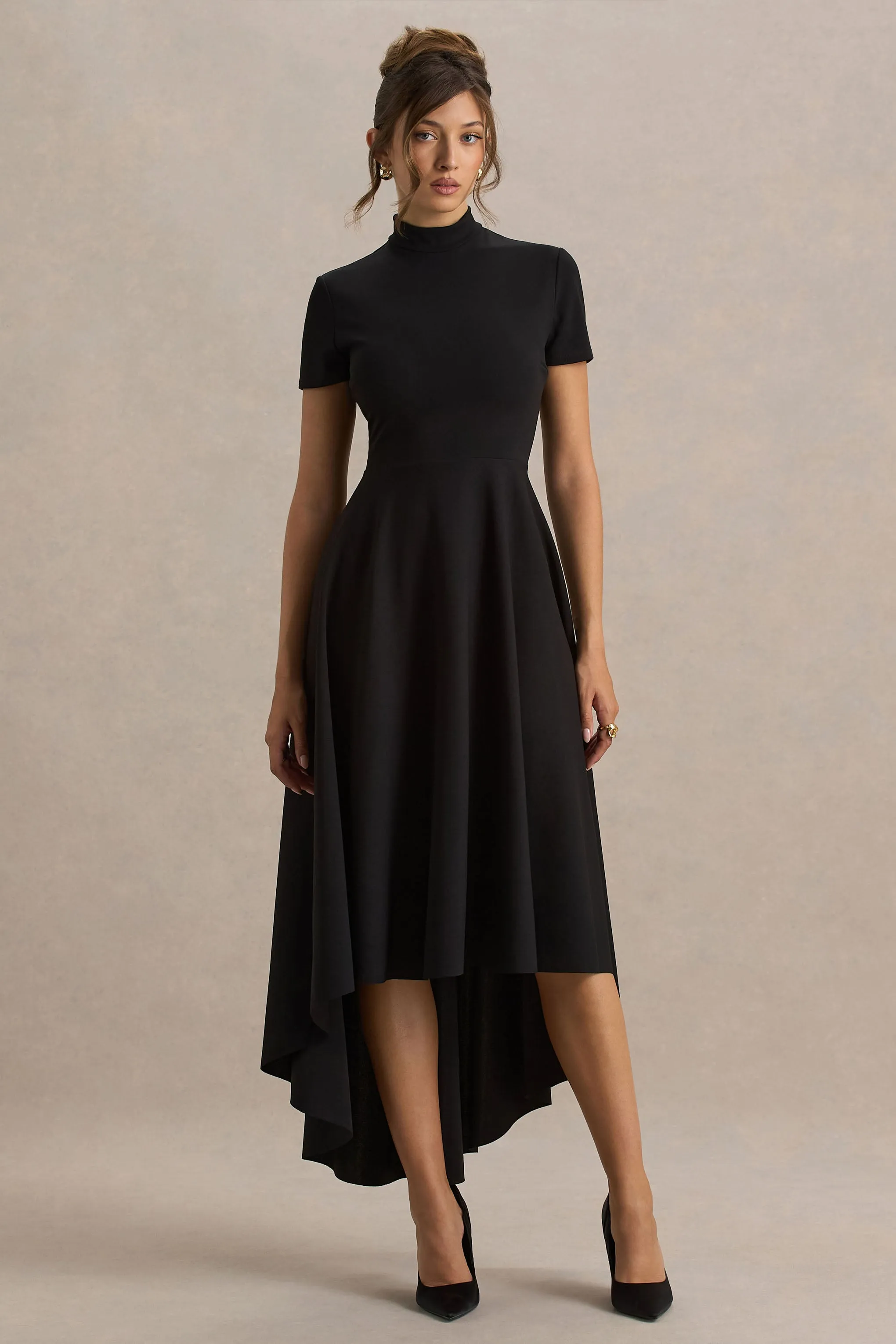 Bellona | Black High-Neck High-Low Midi Dress sold by Club L London product image thumbnail 4