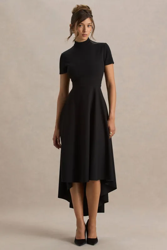 Bellona | Black High-Neck High-Low Midi Dress sold by Club L London
