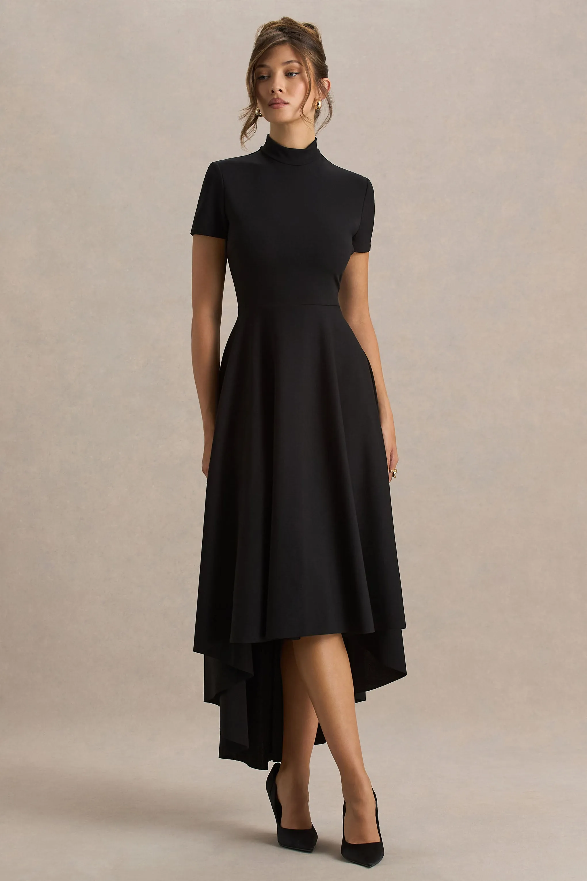 Bellona | Black High-Neck High-Low Midi Dress sold by Club L London product image thumbnail 5