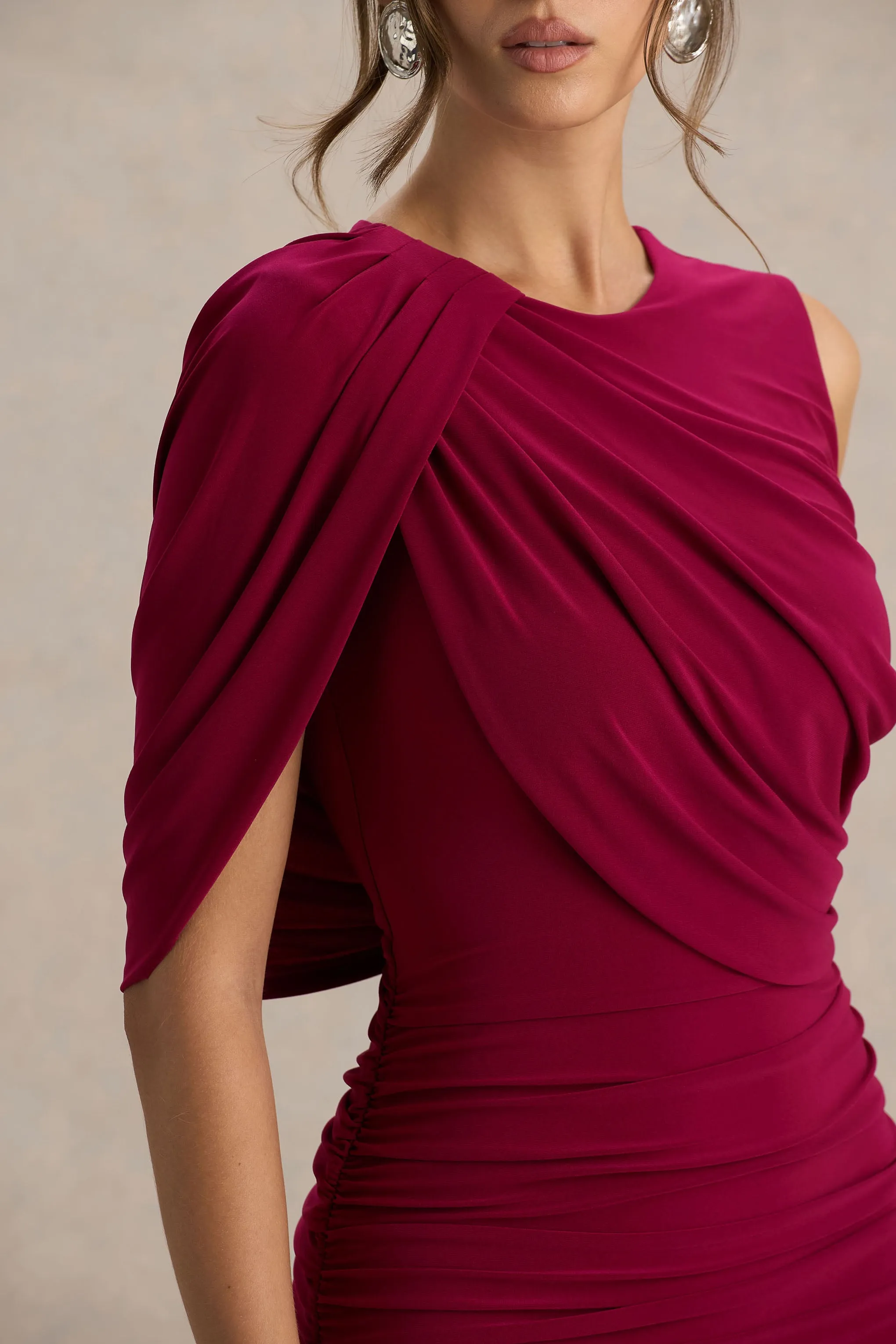 Missy | Burgundy Mini Dress With Cape-Sleeve And Ruched Detailing sold by Club L London product image thumbnail 3