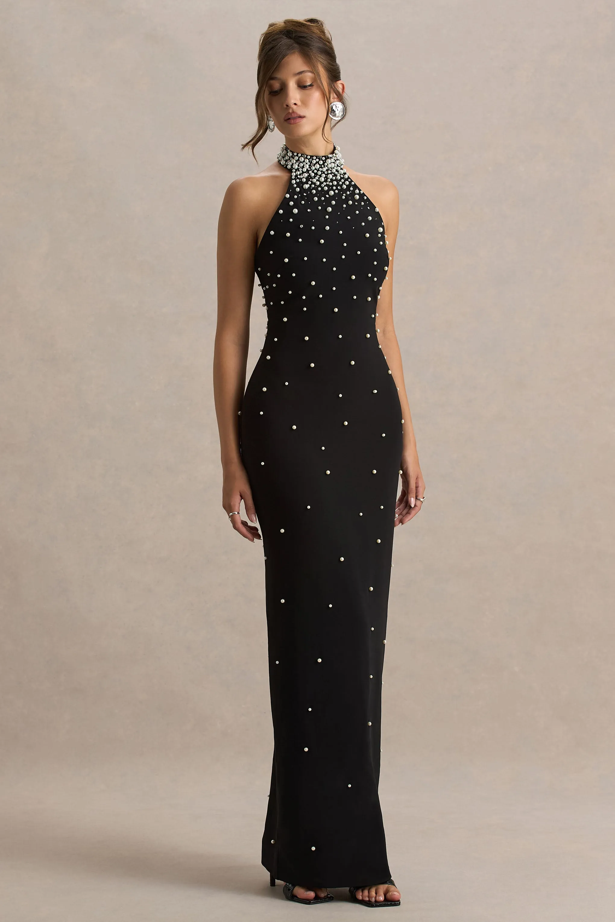 Dani | Black Embellished Halter-Neck Maxi Dress sold by Club L London