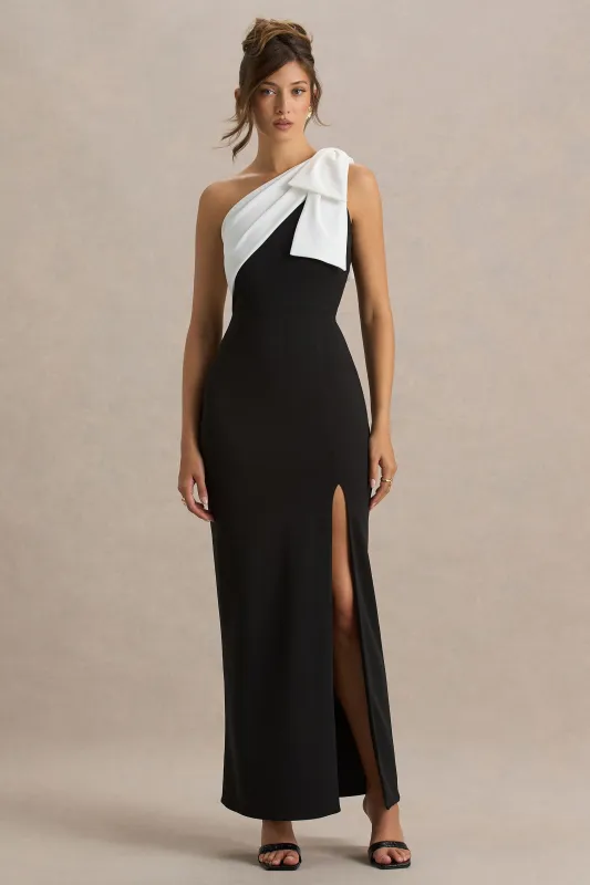Kiri | Black & White One-Shoulder Bow Maxi Dress sold by Club L London