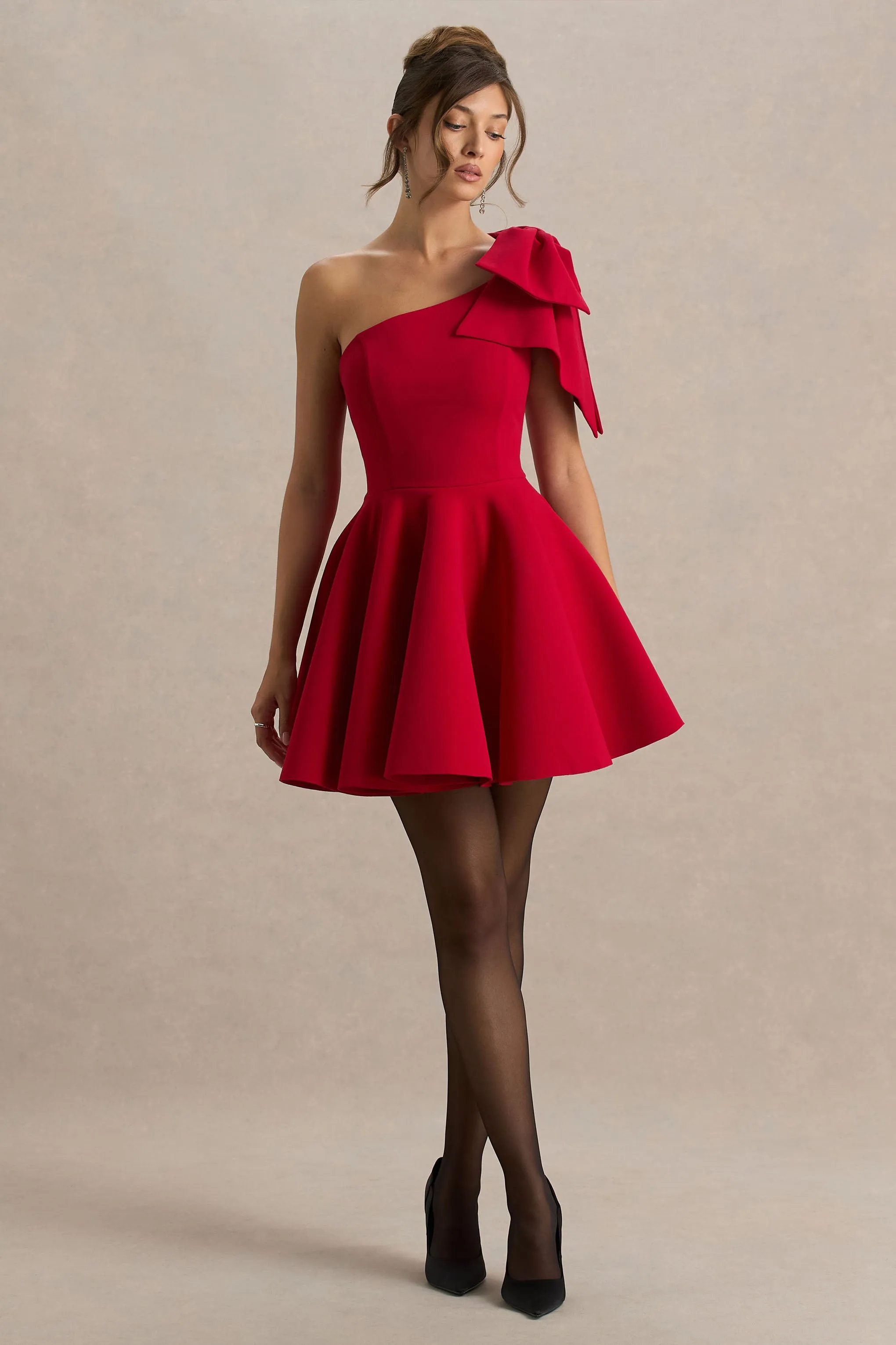 Prosperity | Red Asymmetric-Neck Mini Dress With Bow Detail sold by Club L London