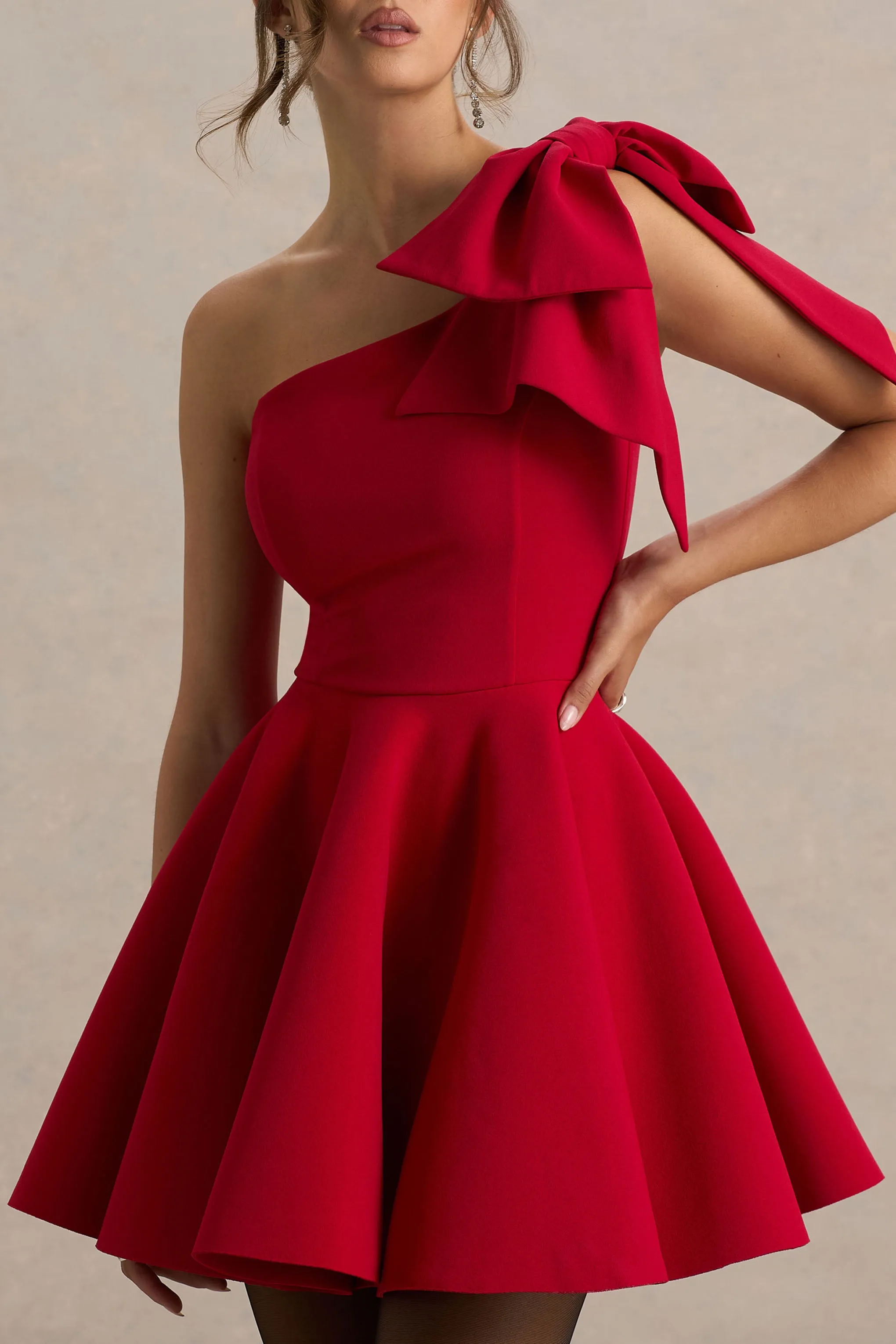 Prosperity | Red Asymmetric-Neck Mini Dress With Bow Detail sold by Club L London product image thumbnail 3