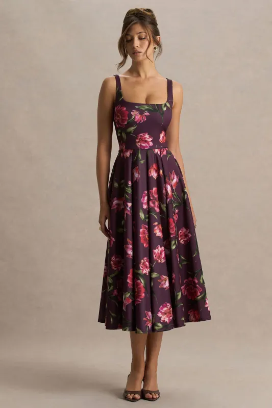 Berta | Burgundy Floral Print Square-Neck Midi Dress sold by Club L London