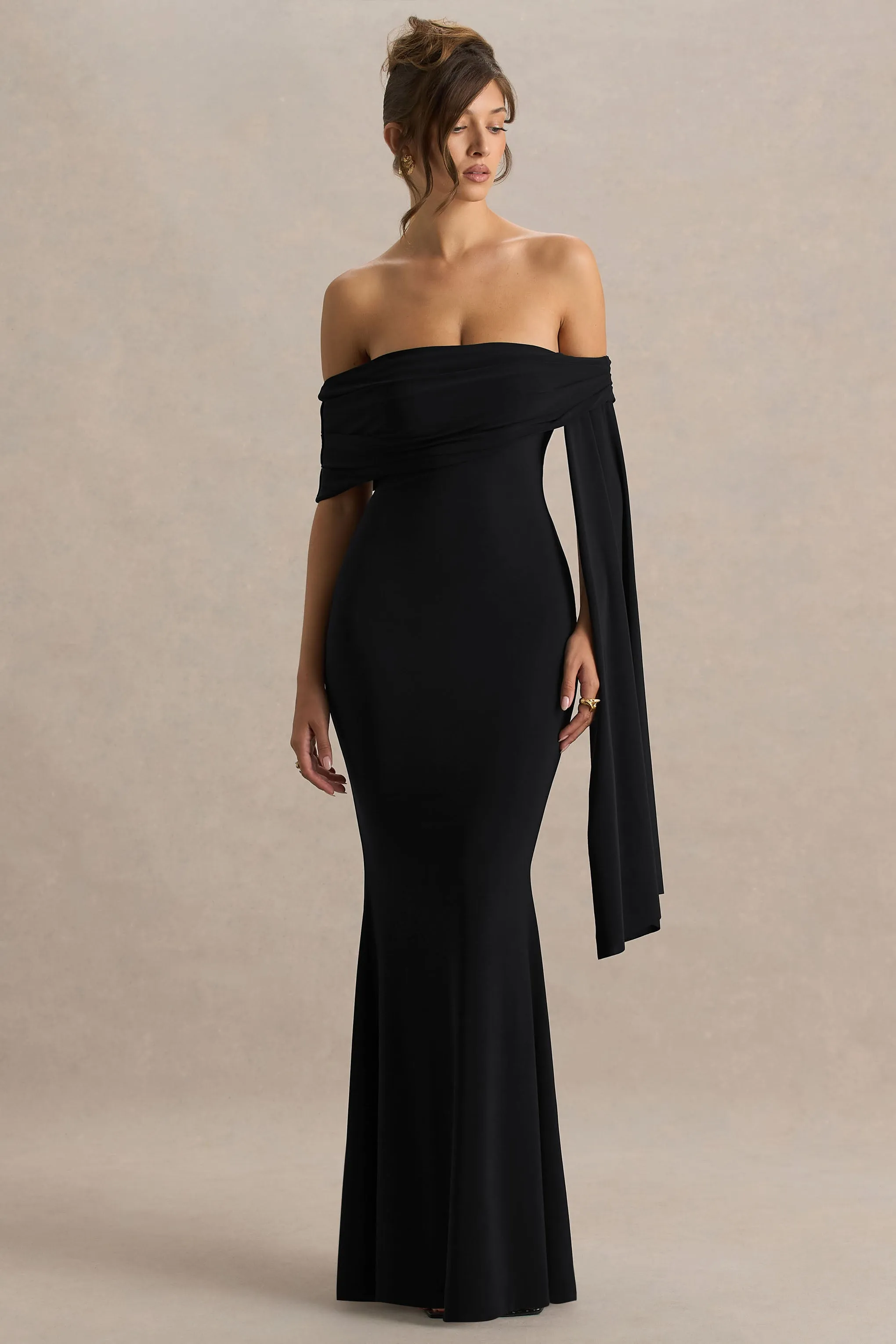 Saffina | Black Bardot-Neck Maxi Dress With Sash Detail sold by Club L London product image thumbnail 5