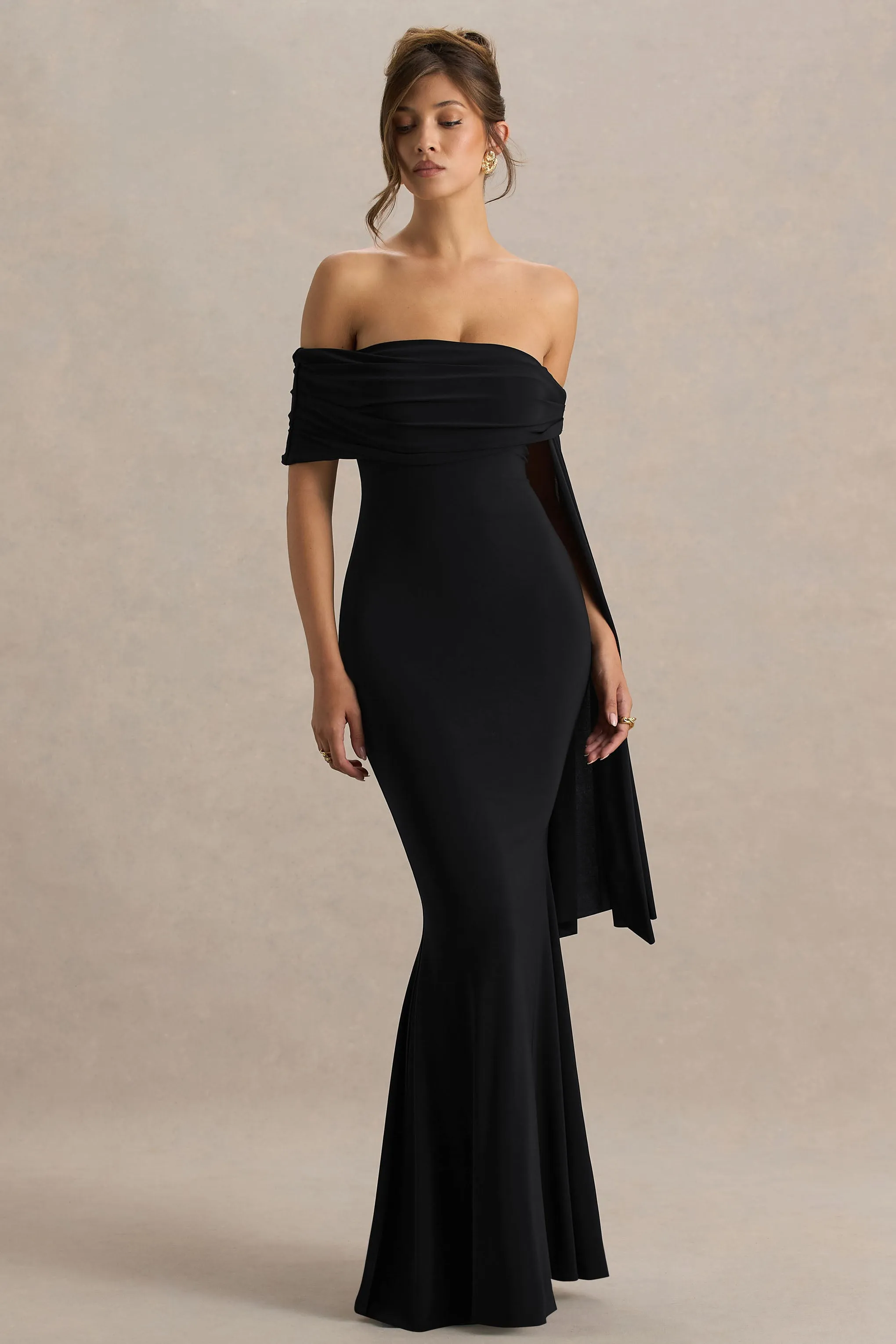 Saffina | Black Bardot-Neck Maxi Dress With Sash Detail sold by Club L London product image thumbnail 4