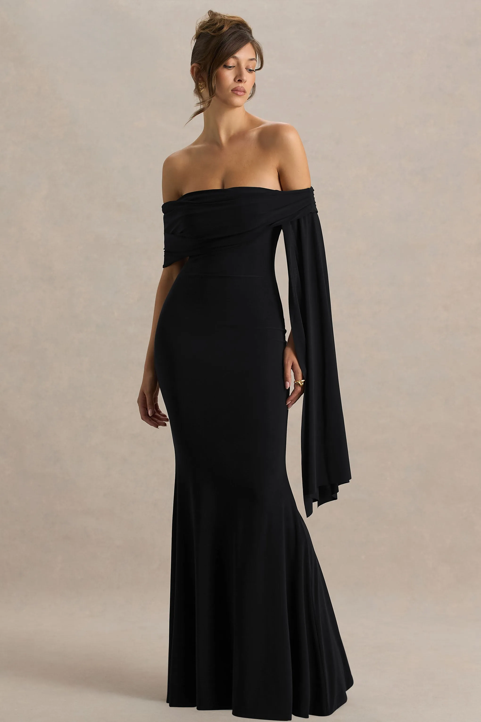Saffina | Black Bardot-Neck Maxi Dress With Sash Detail sold by Club L London