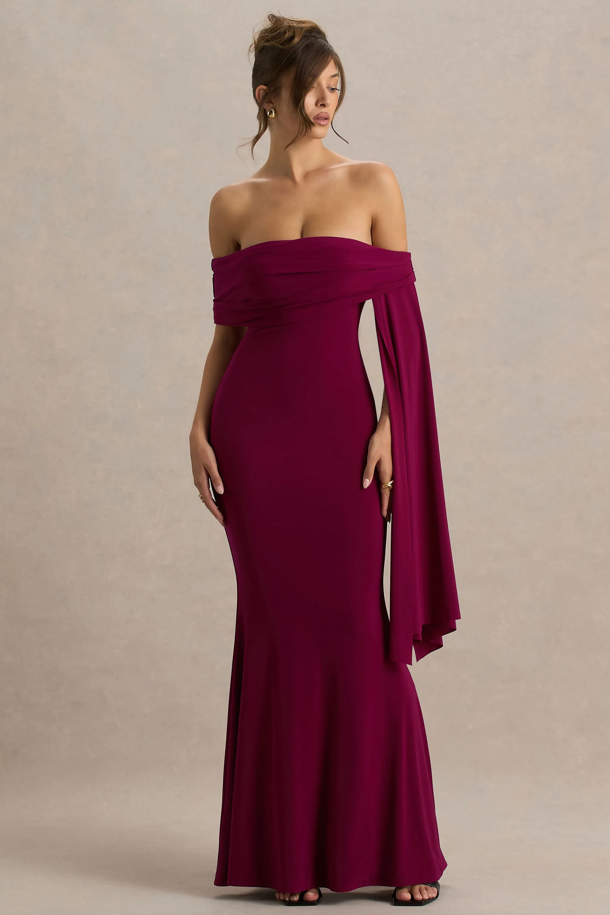 Saffina | Burgundy Bardot-Neck Maxi Dress With Sash Detail sold by Club L London product image thumbnail 4