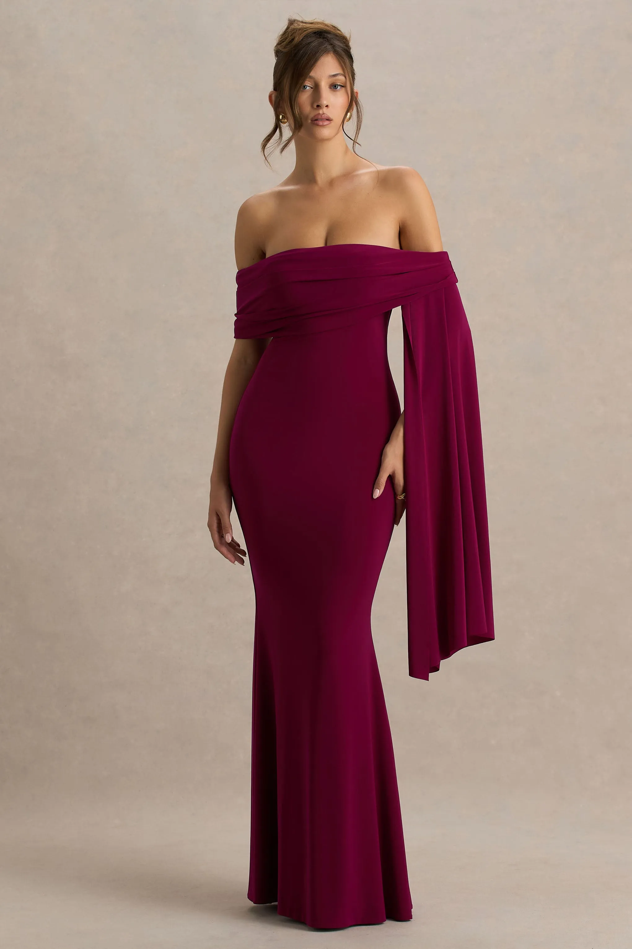 Saffina | Burgundy Bardot-Neck Maxi Dress With Sash Detail sold by Club L London
