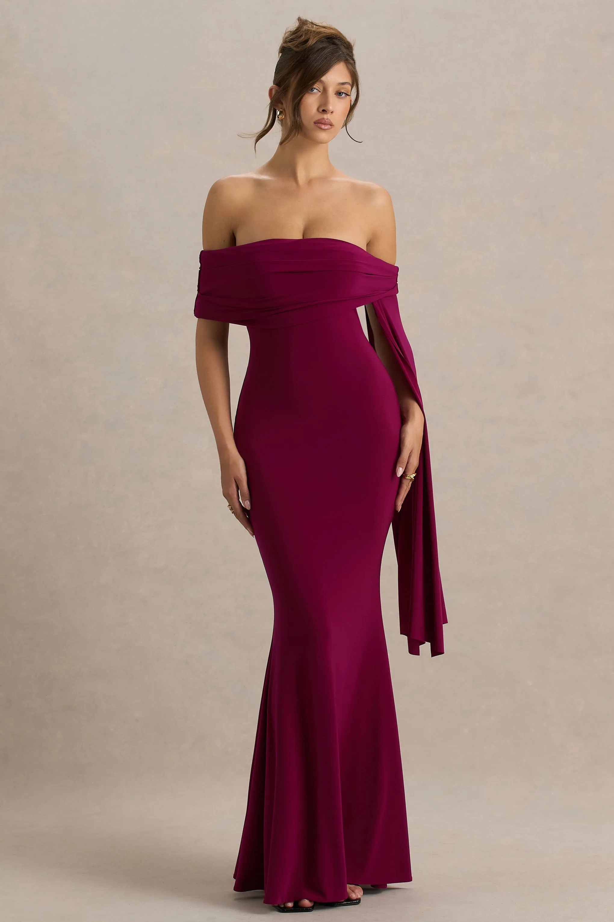 Saffina | Burgundy Bardot-Neck Maxi Dress With Sash Detail sold by Club L London product image thumbnail 5