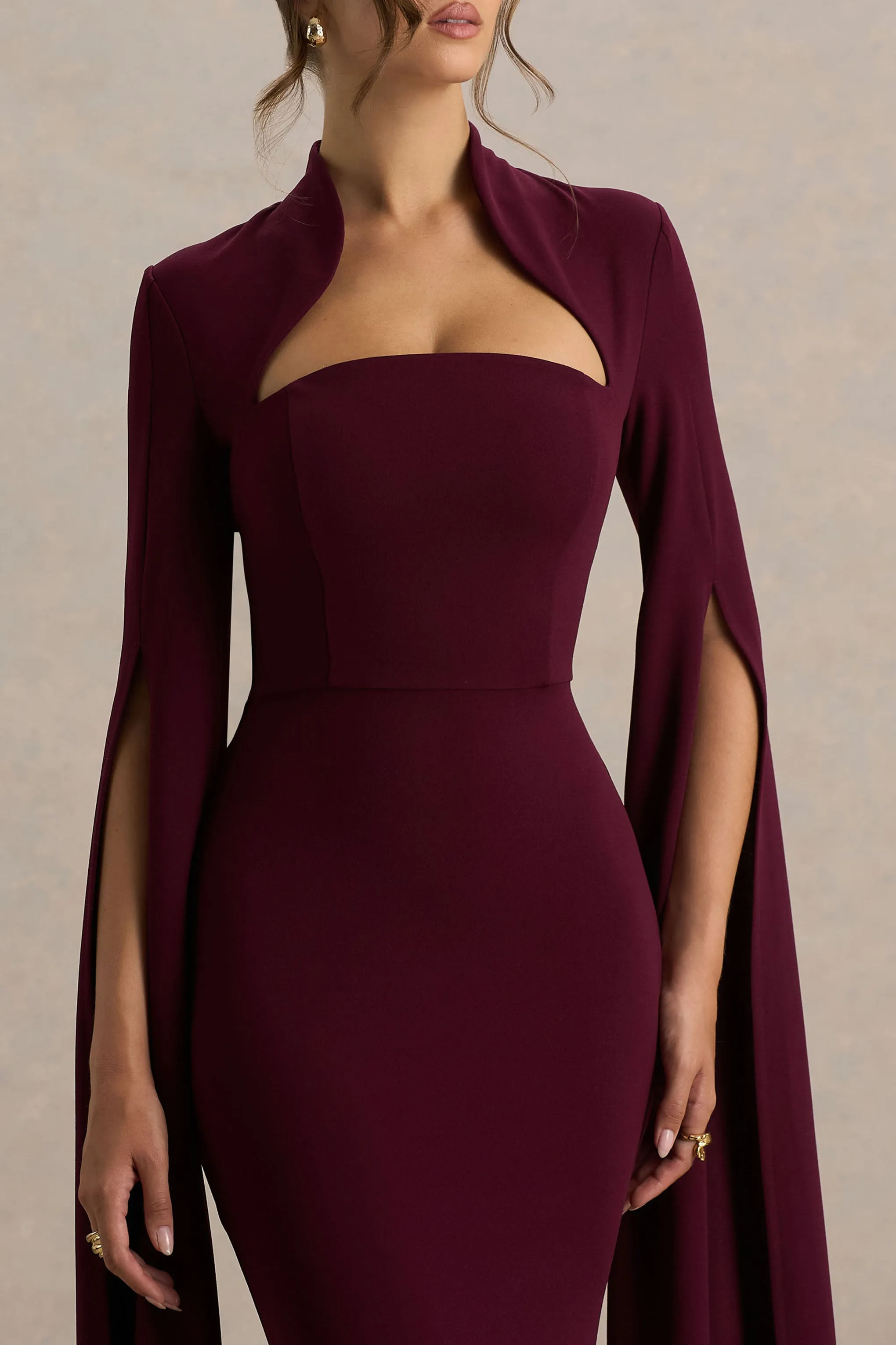 Esme | Burgundy Square-Neck Maxi Dress With Cape Sleeves sold by Club L London product image thumbnail 3