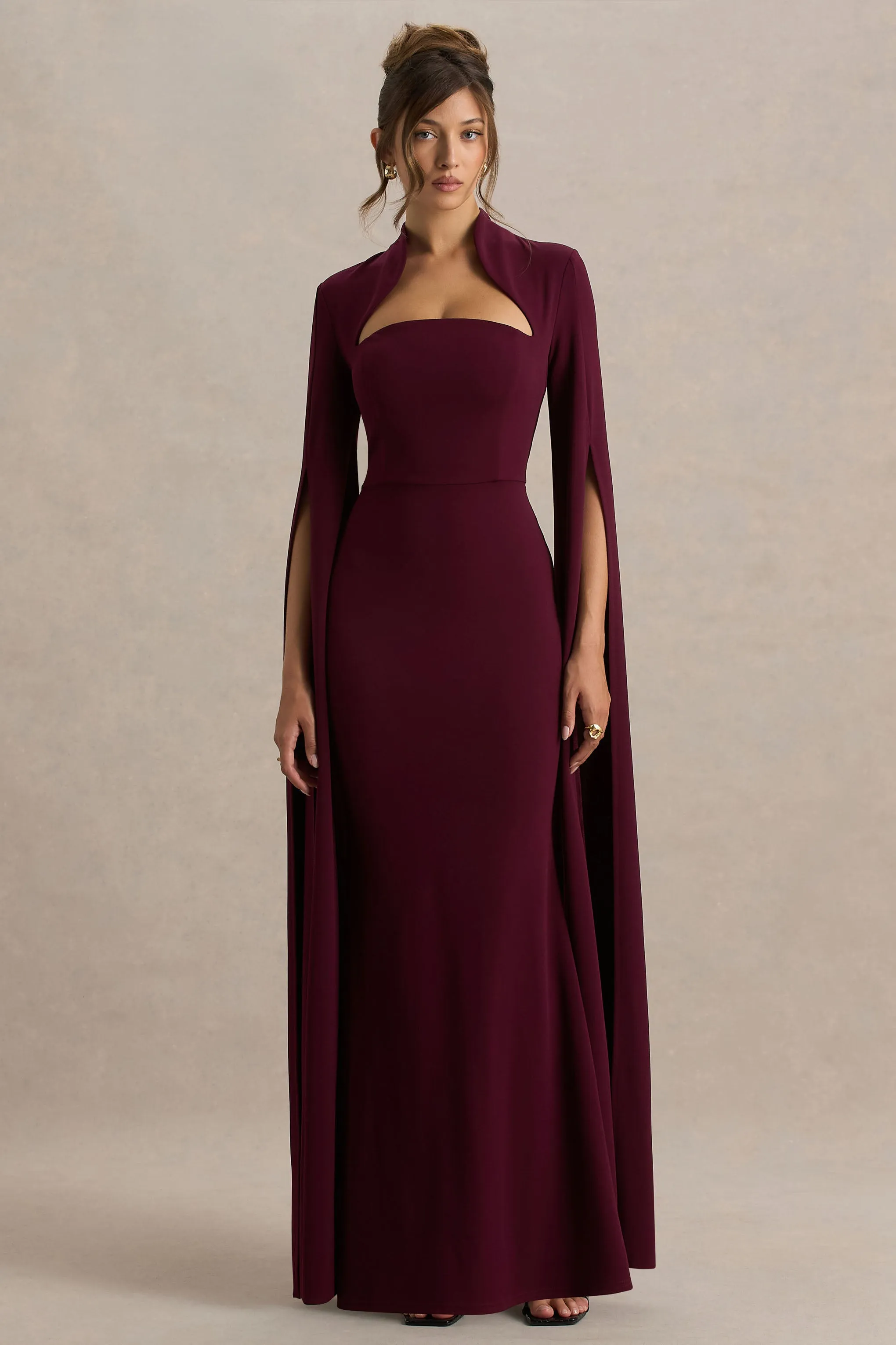 Esme | Burgundy Square-Neck Maxi Dress With Cape Sleeves sold by Club L London product image thumbnail 4