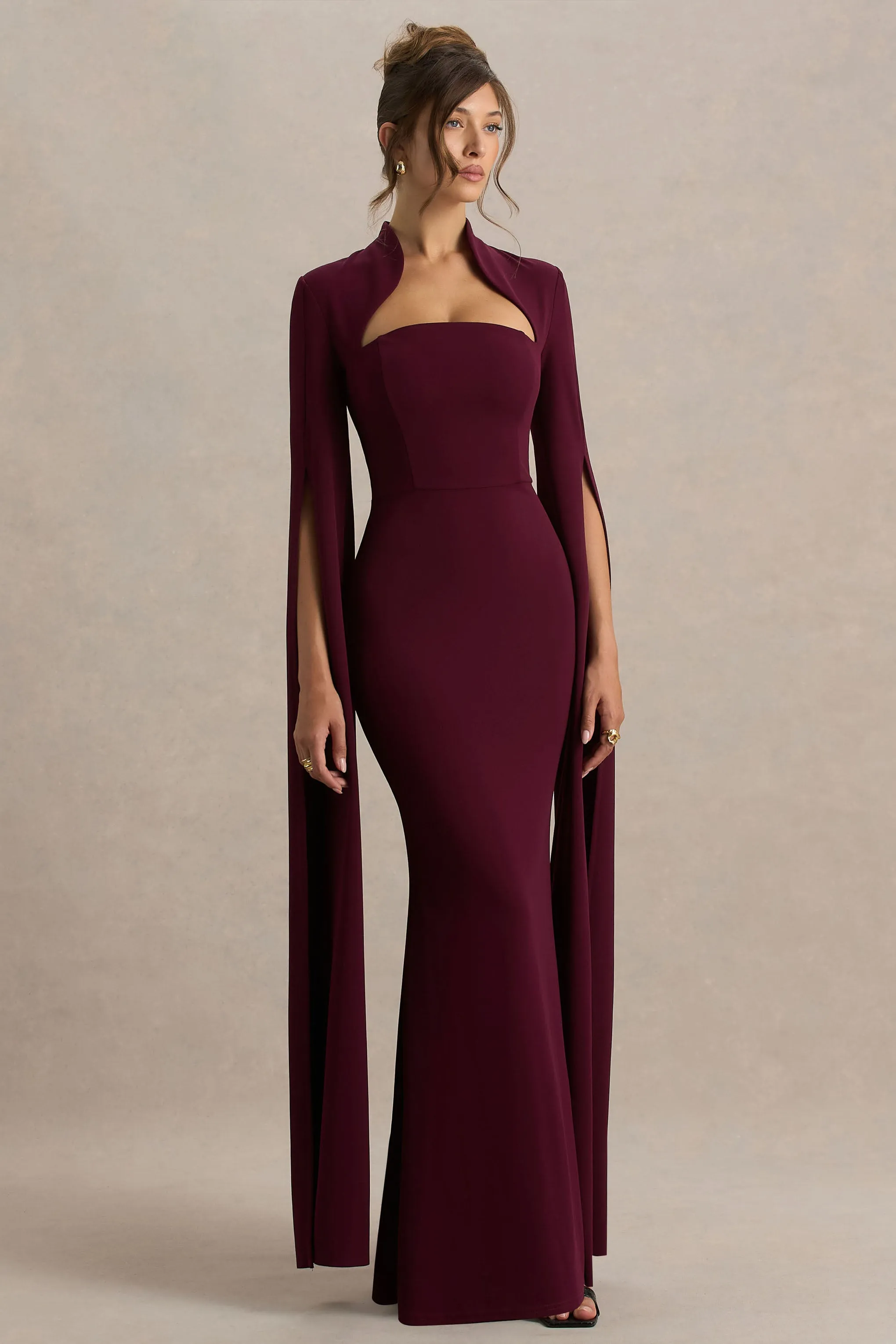 Esme | Burgundy Square-Neck Maxi Dress With Cape Sleeves sold by Club L London