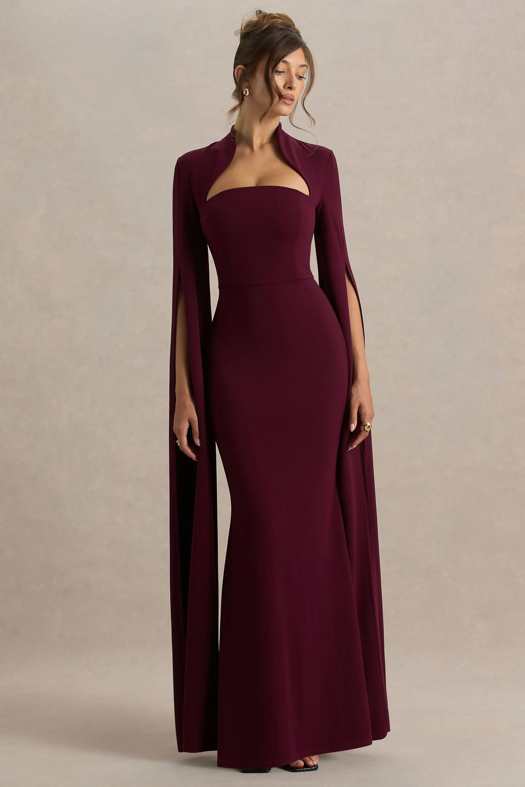Esme | Burgundy Square-Neck Maxi Dress With Cape Sleeves sold by Club L London product image thumbnail 5
