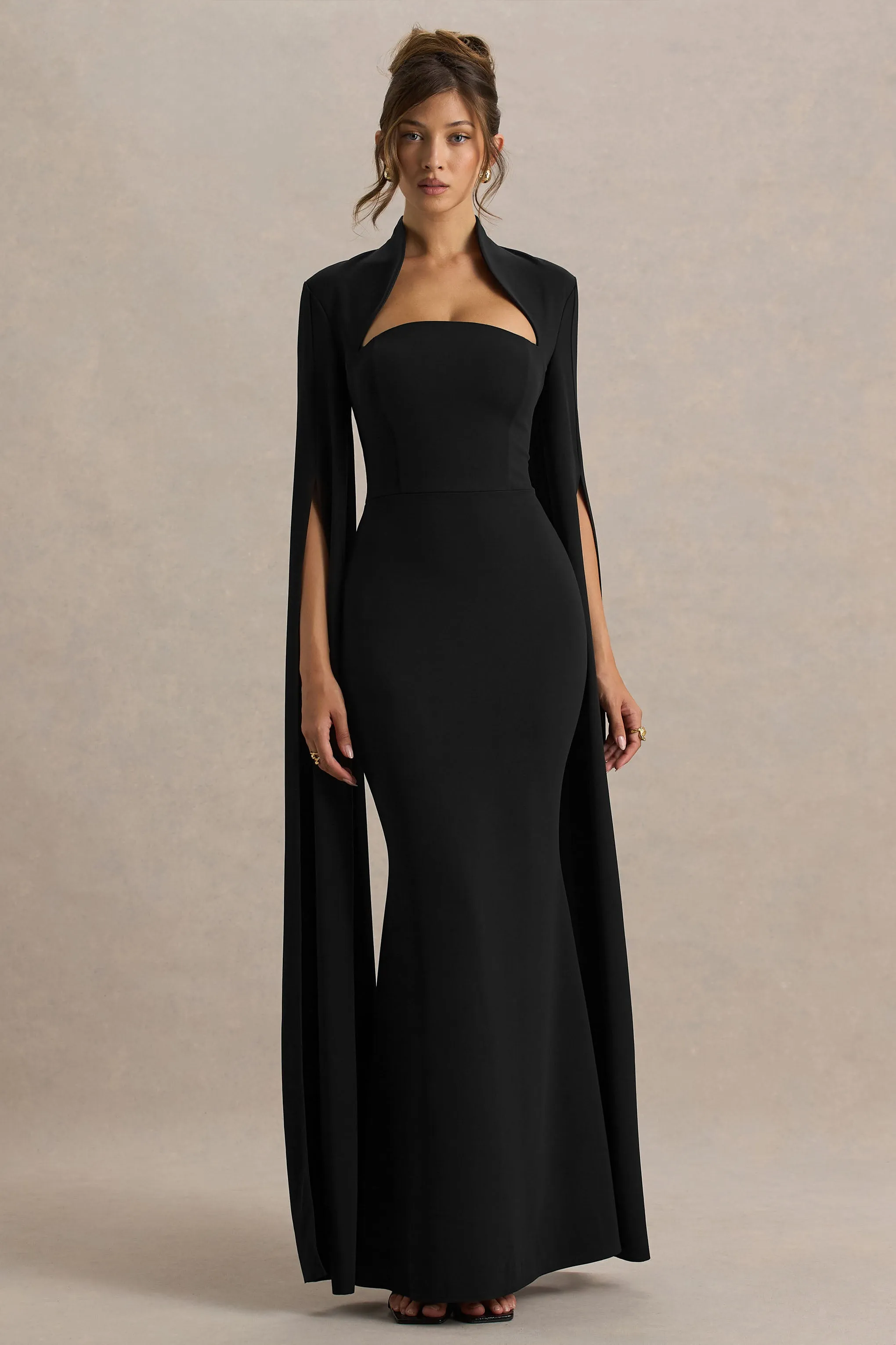 Esme | Black Square-Neck Maxi Dress With Cape Sleeves sold by Club L London product image thumbnail 4