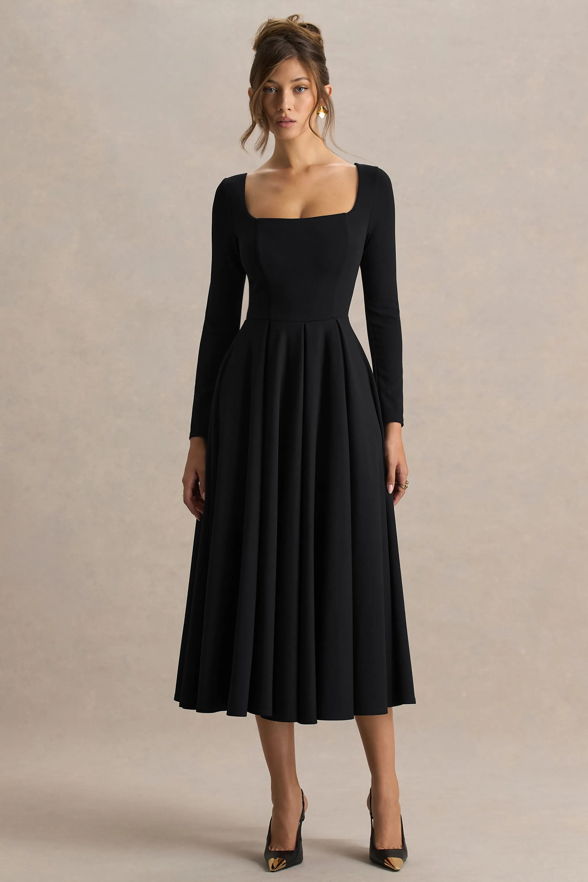 Alison | Black Square-Neck A-Line Midi Dress sold by Club L London