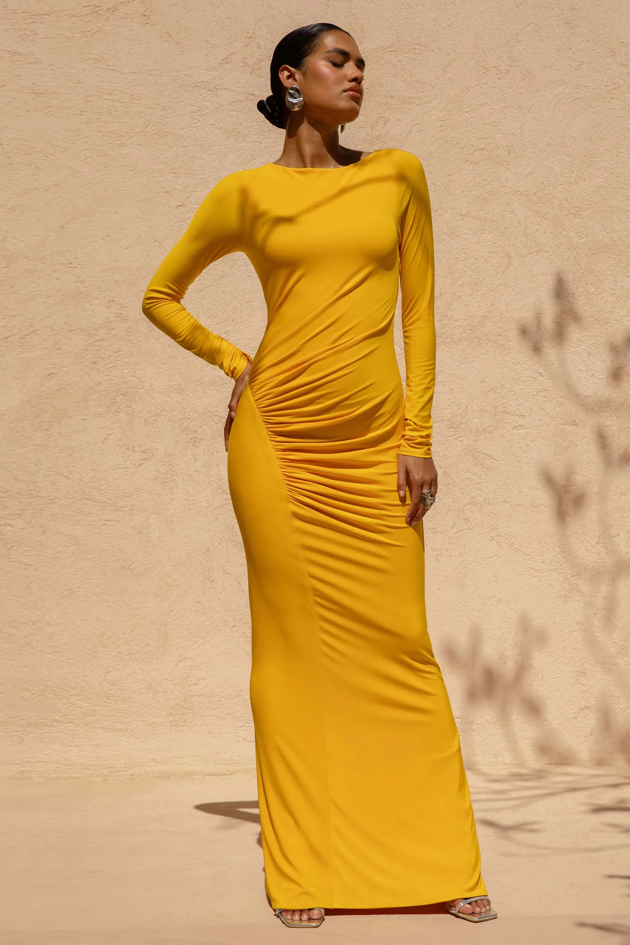 Diva | Orange Slashed-Neck Maxi Dress With Ruched Detailing sold by Club L London