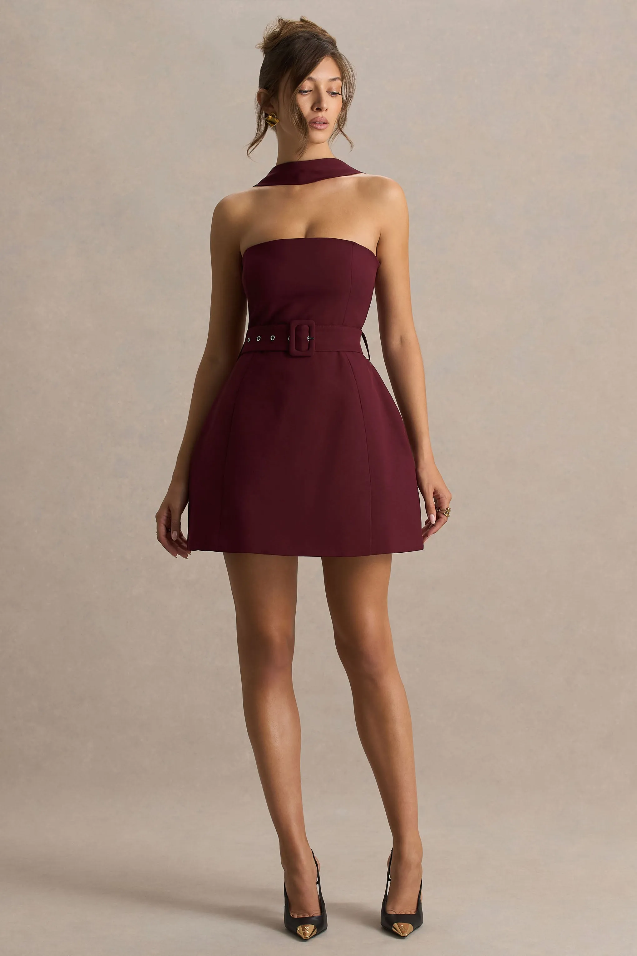 Timberly | Burgundy High-Neck Tailored Micro-Mini Dress sold by Club L London product image thumbnail 4