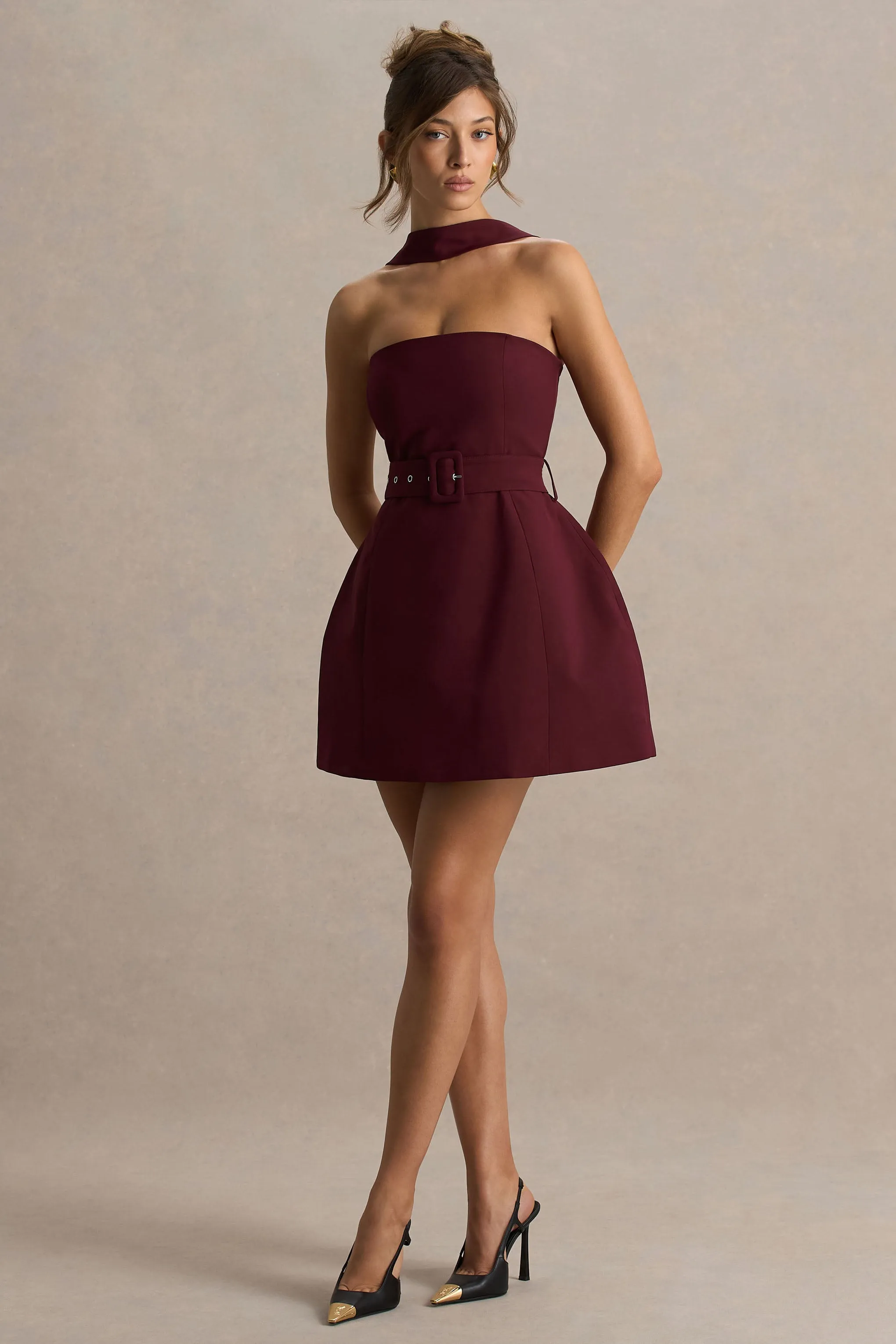 Timberly | Burgundy High-Neck Tailored Micro-Mini Dress sold by Club L London