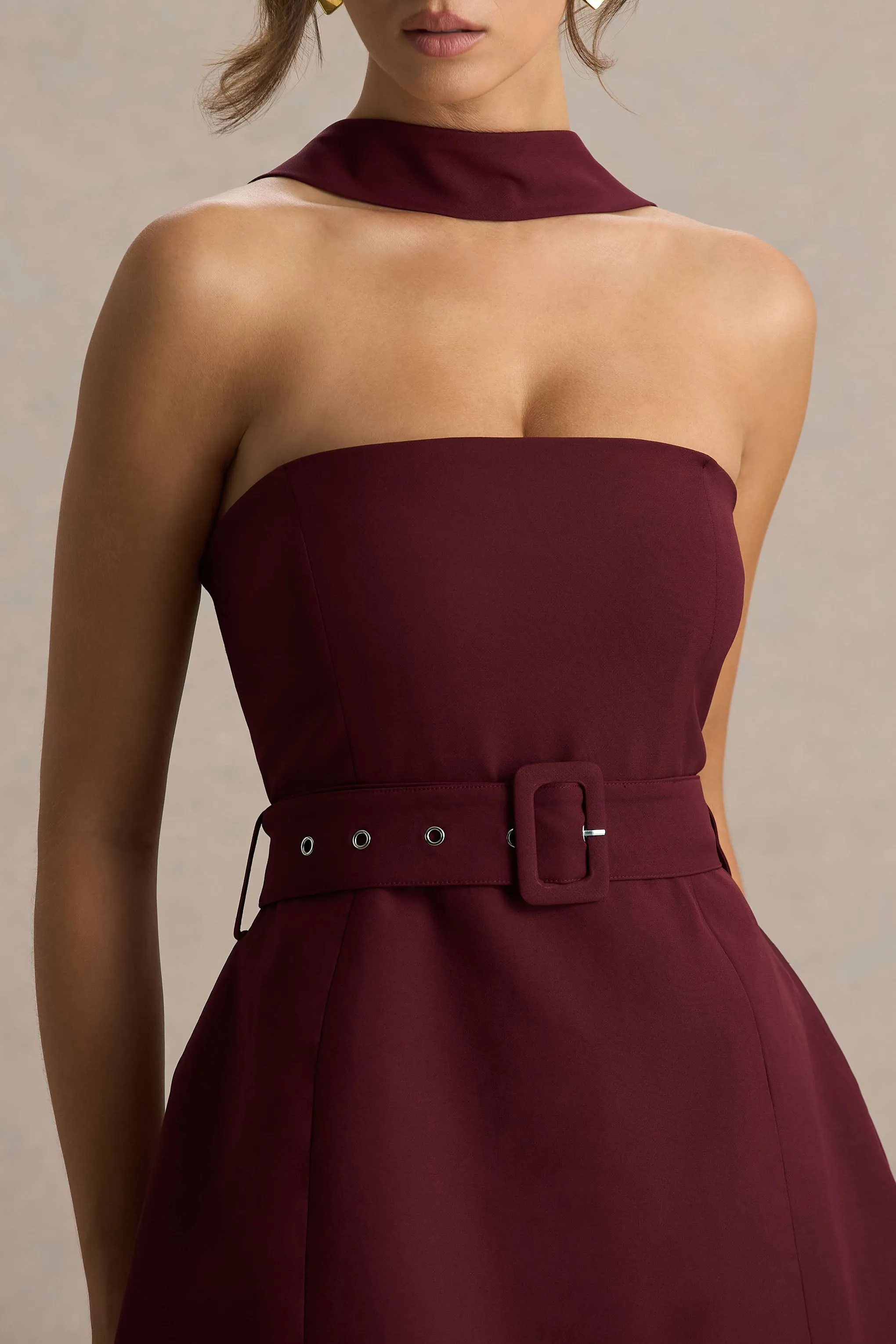 Timberly | Burgundy High-Neck Tailored Micro-Mini Dress sold by Club L London product image thumbnail 5