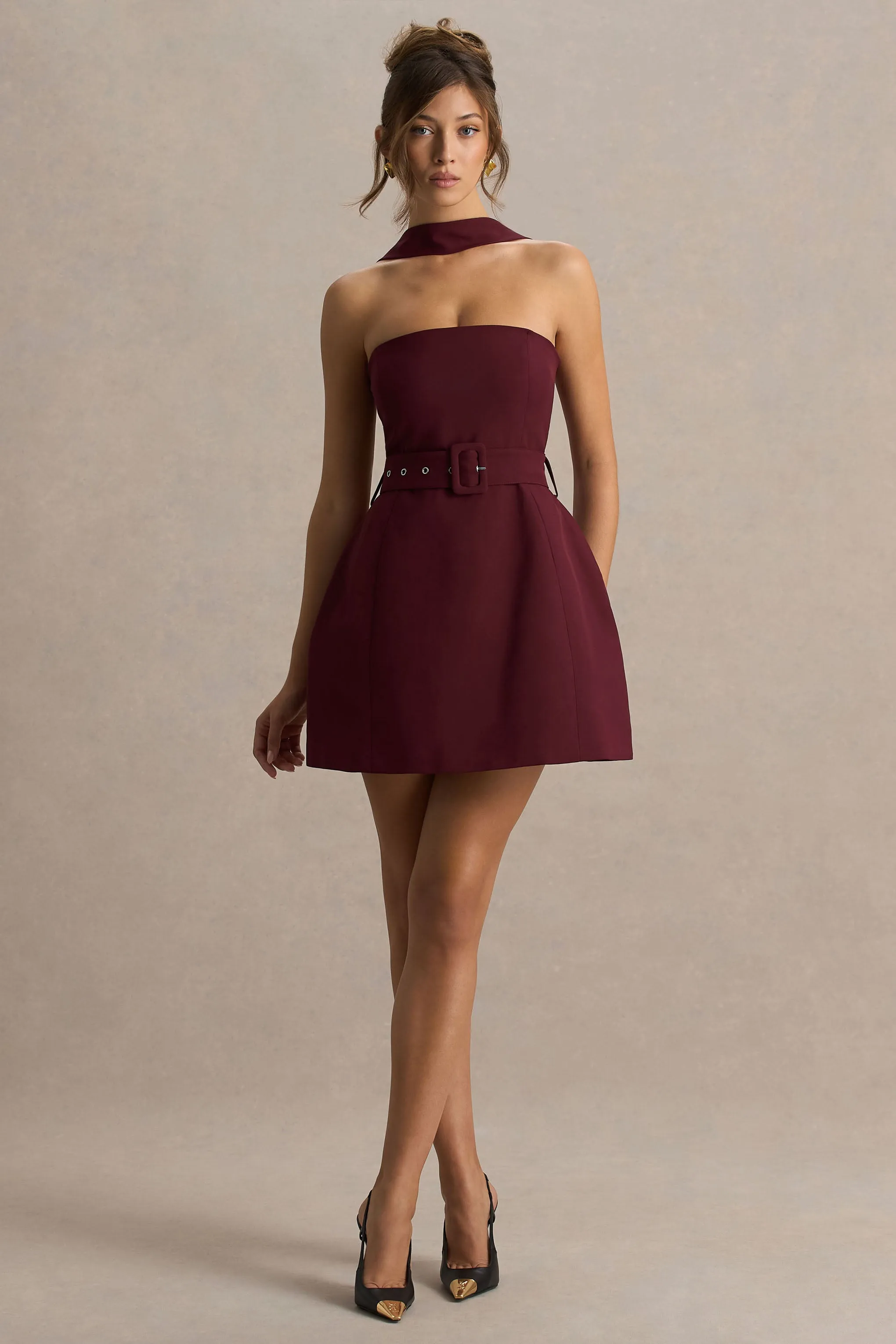 Timberly | Burgundy High-Neck Tailored Micro-Mini Dress sold by Club L London product image thumbnail 3