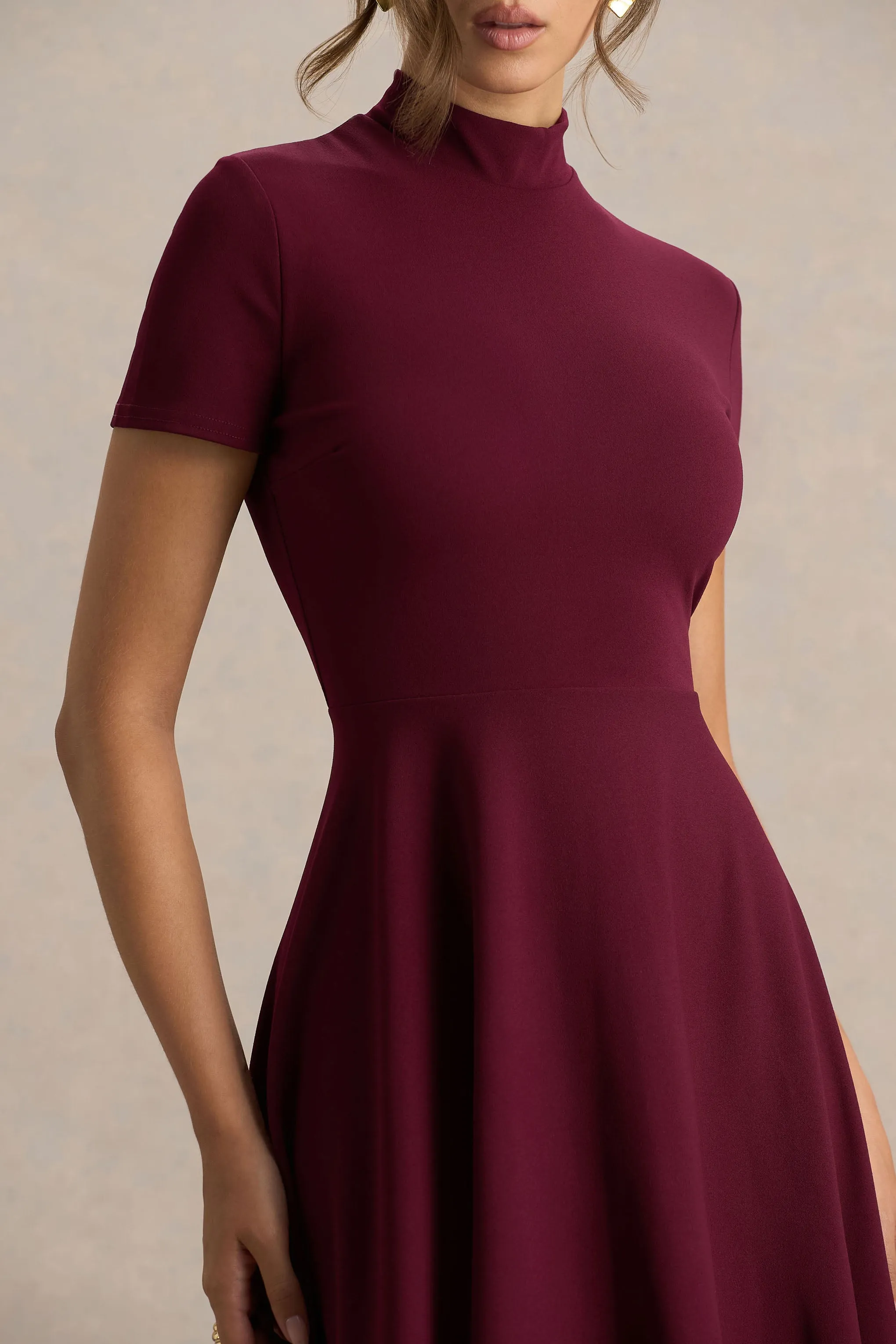 Bellona | Burgundy High-Neck High-Low Midi Dress sold by Club L London product image thumbnail 5