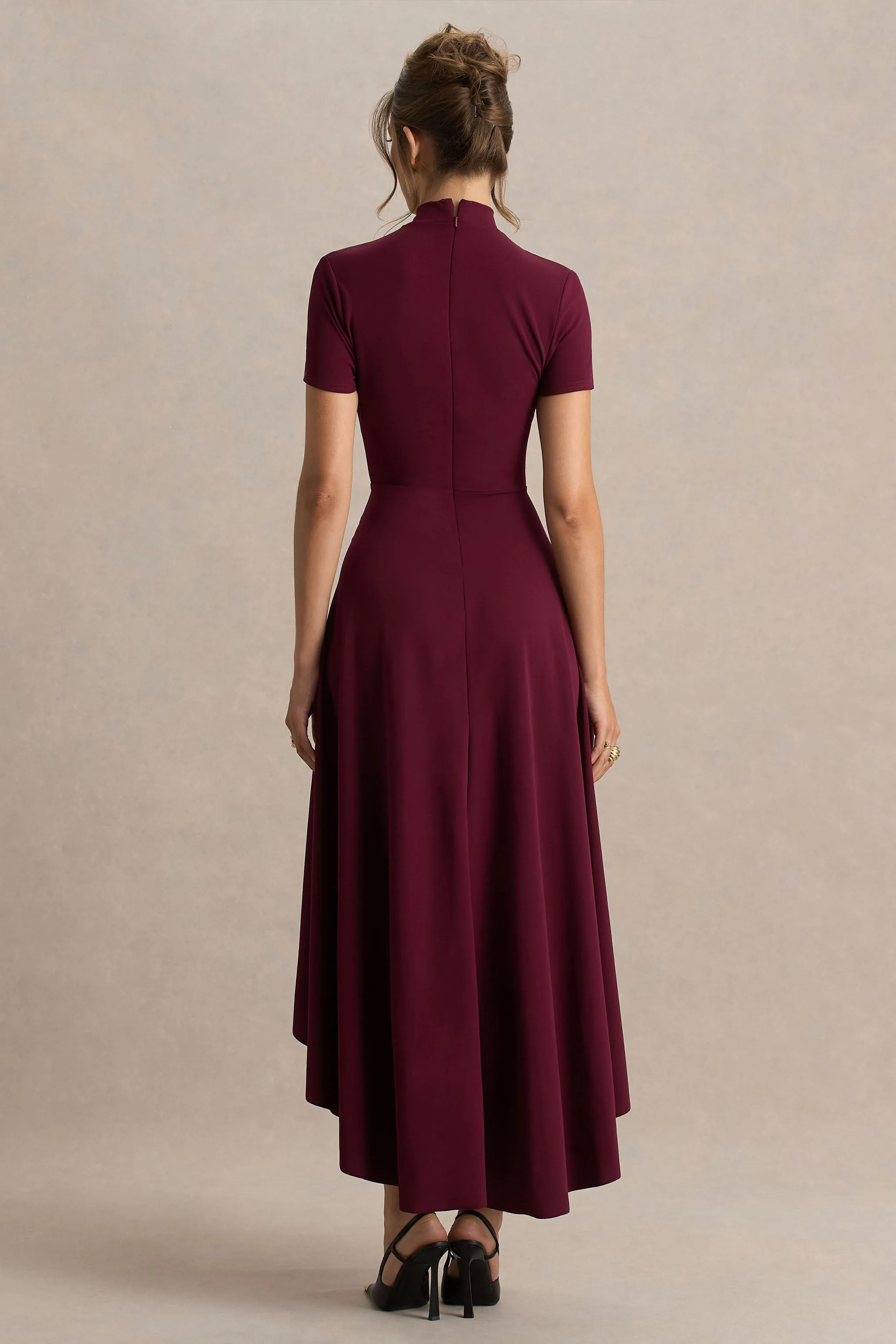 Bellona | Burgundy High-Neck High-Low Midi Dress sold by Club L London product image thumbnail 2