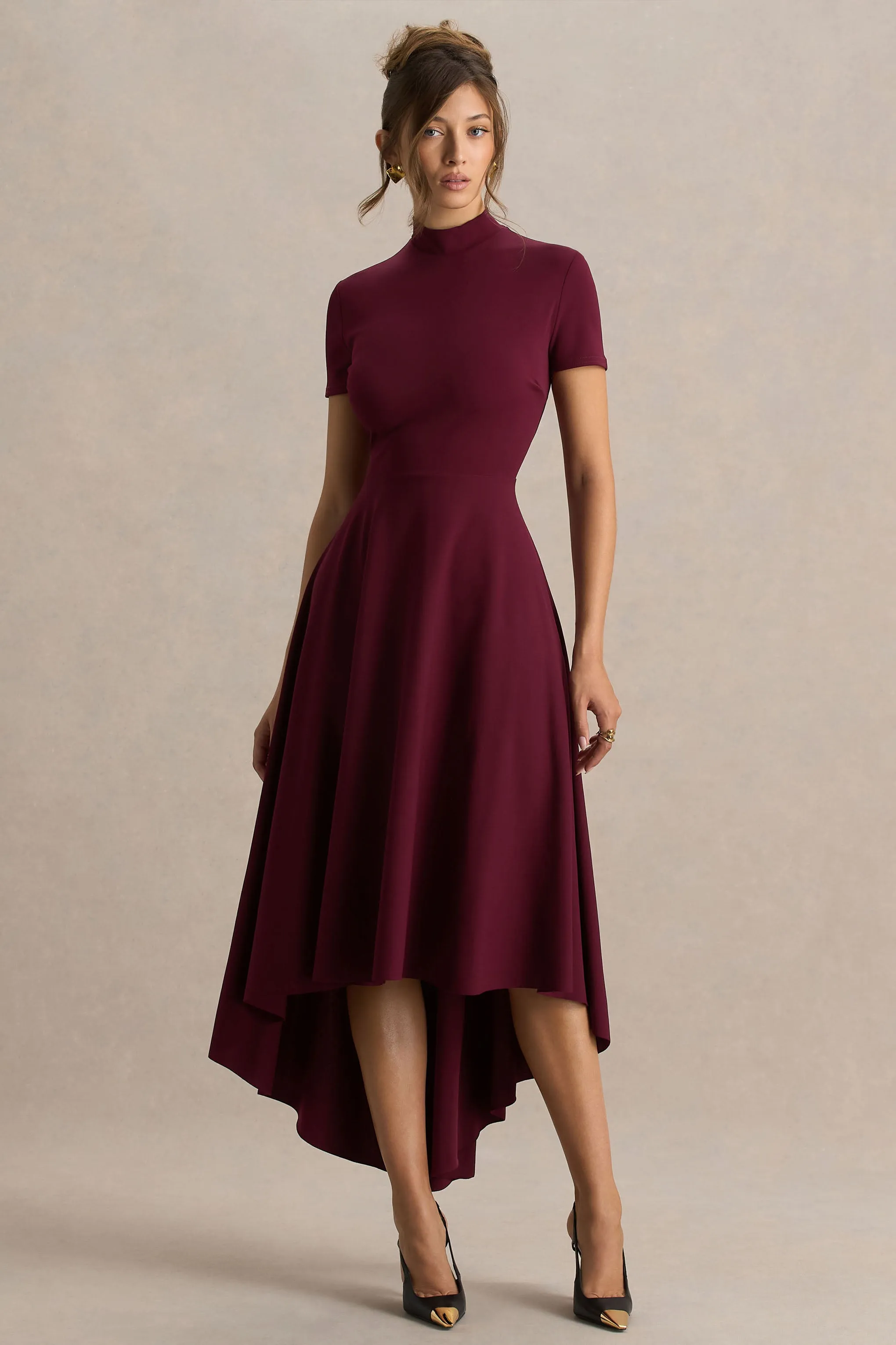 Bellona | Burgundy High-Neck High-Low Midi Dress sold by Club L London product image thumbnail 3